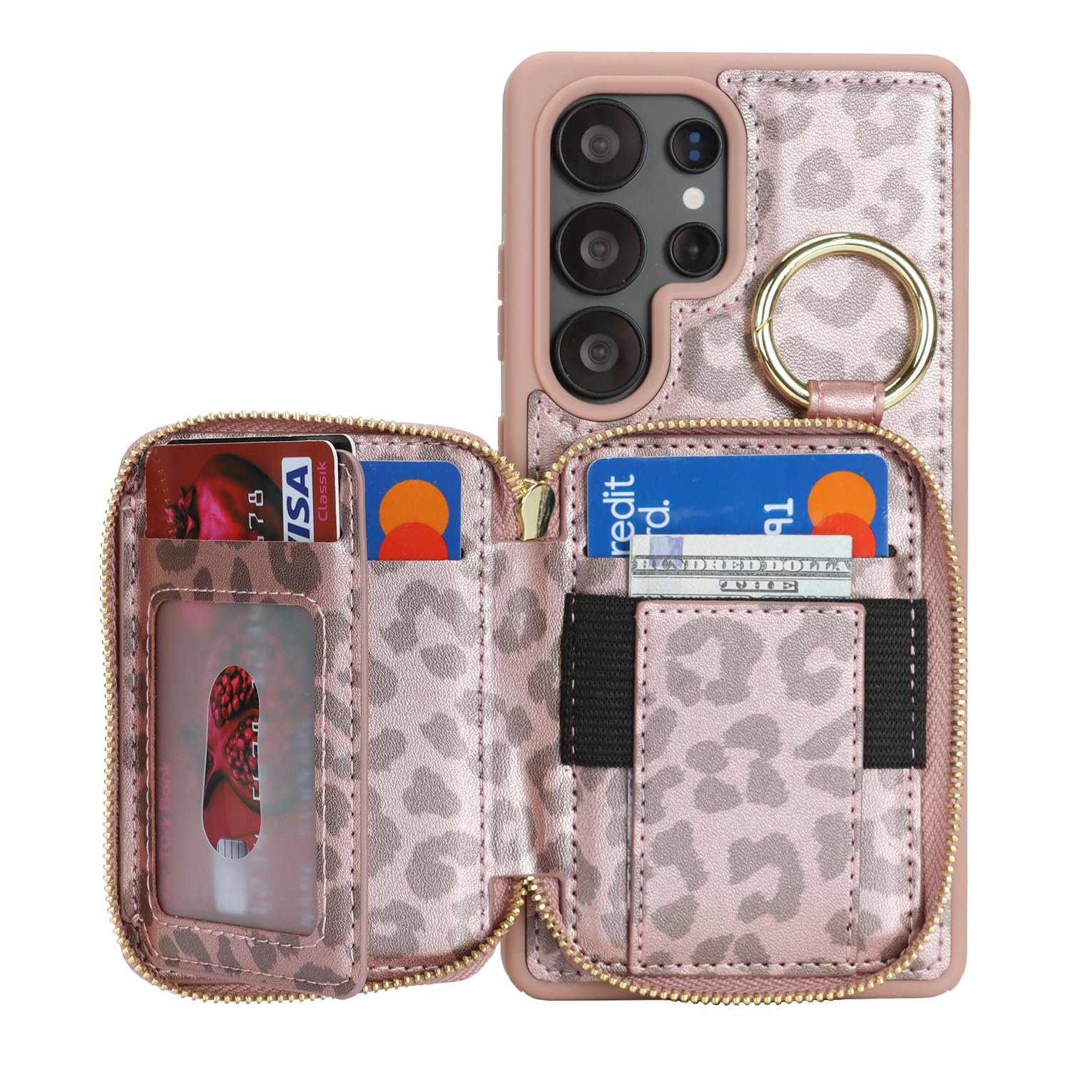 Etui do Galaxy S25 Ultra z uchwytem na karty, do Galaxy S25 Ultra etui na telefon portfel z zamkiem błyskawicznym z przegródką na podpórkę etui dla kobiet i mężczyzn 17.5 cm, różowe złoto
