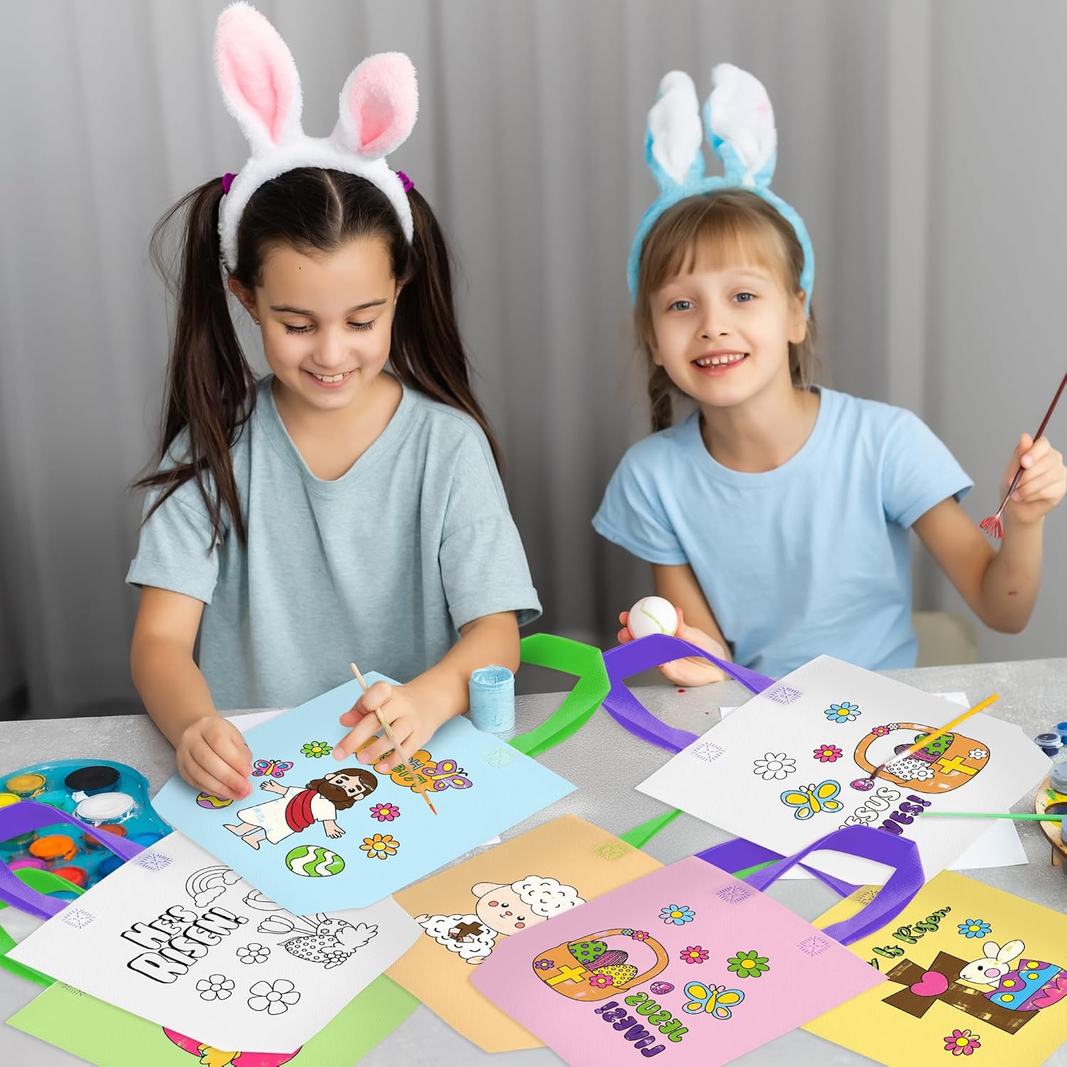 Easter Coloring Goodie Bags for Kids - 24Pcs He is Risen Bulk Color Your Own Gift Bags with Handle Religious Jesus Reusable Non Woven Coloring Tote Packet for DIY Crafts Painting Party Favor Supplies