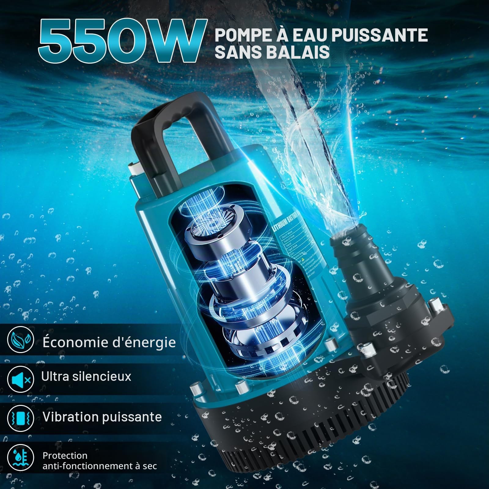 Pompe submersible sans fil compatible avec batterie Makita 18 V (sans batterie), débit de 2800 l/h, hauteur de refoulement 12 m, câble de raccordement de 5 m, tuyau d'écoulement de 10 m, pour piscine