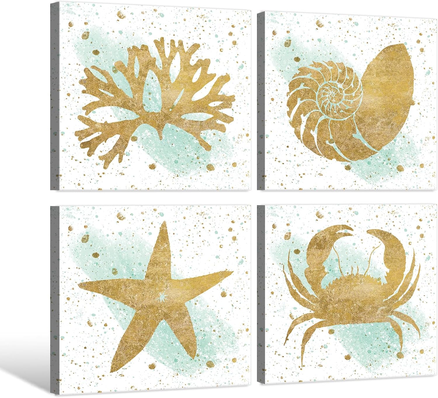 SEVEN WALL ARTS 4pcs Coastal Wall Art Gold Foil Print Marine Picture Ocean Animal Underwater Print Vintage Seashell Starfish Crap Conch Sealife Artwork for Bathroom Living Room Bedroom Decor