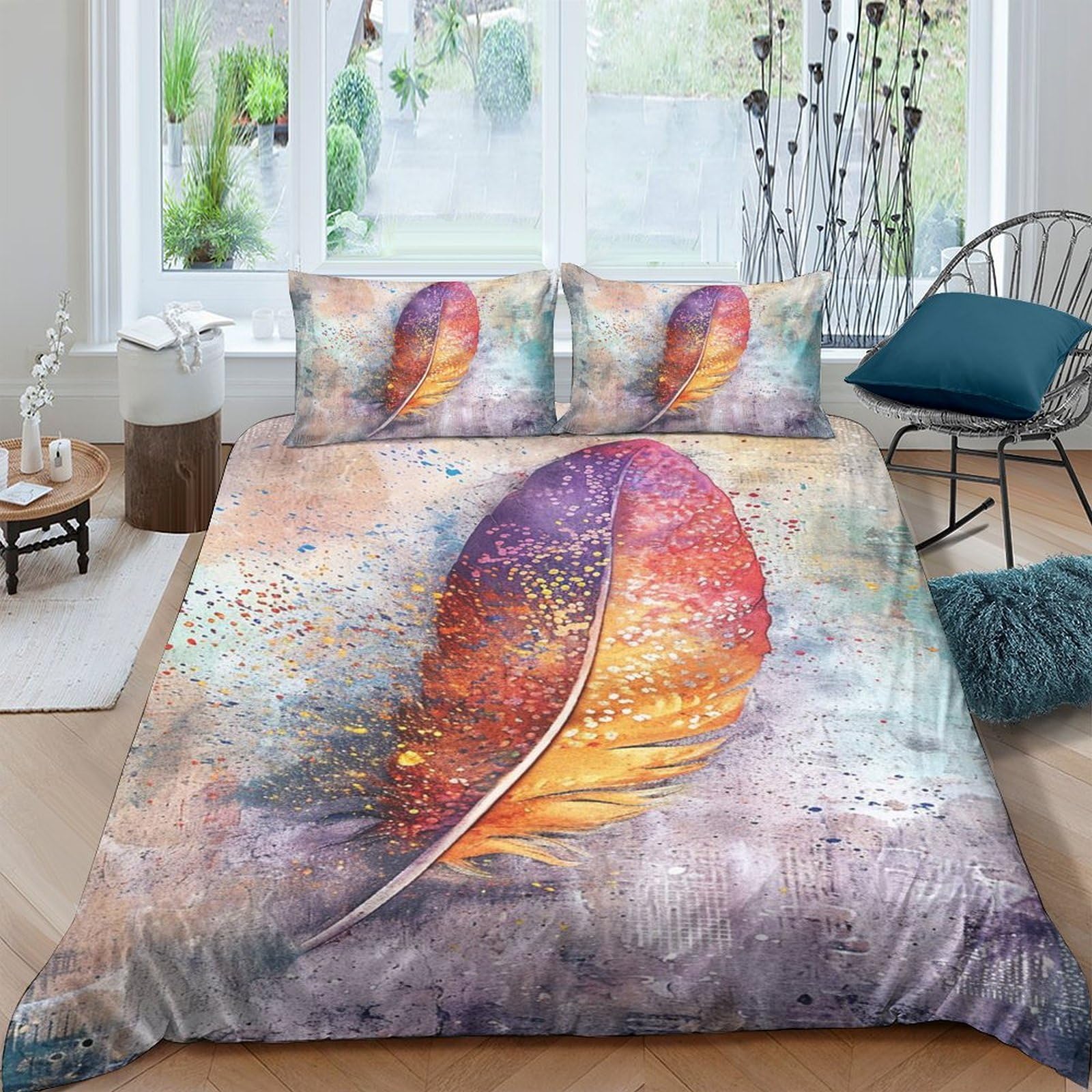 Ctjqhvkz Style-9 3D Printed Watercolor Feather Fitted Sheet Microfiber Soft Breathable Abstract Pastel Mattress Cover For Bedroom Decor Single（135X200cm）