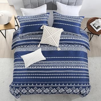 CozyDH Boho Duvet Cover Set Queen Size - 100% Cotton Bohemian Duvet Cover with 2 Pillowshams - Navy Blue Geometric Pattern Printed Comforter Cover with Zipper Closure (Queen, 90x90, No Comforter)