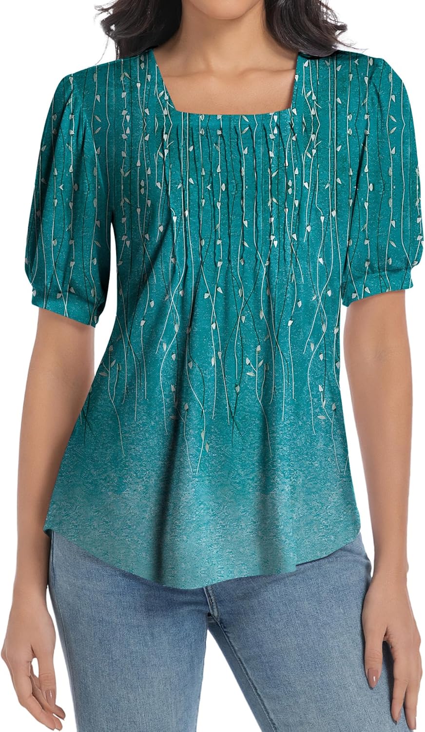 T Shirts for Women Casual Pleated Square Neck Dressy Blouses Puff 2025 Short Sleeve Summer Tops Loose Fit Medium Dw-2