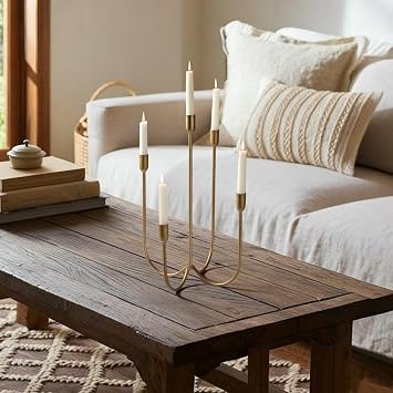 Perfnique 5-Candle Candelabra, 43 cm Hand-Forged Gold Taper Candle Holder, Antique Brass Finish, Tabletop Centrepiece for Dining Table, Weddings, Party, Fireplace Mantel Decor