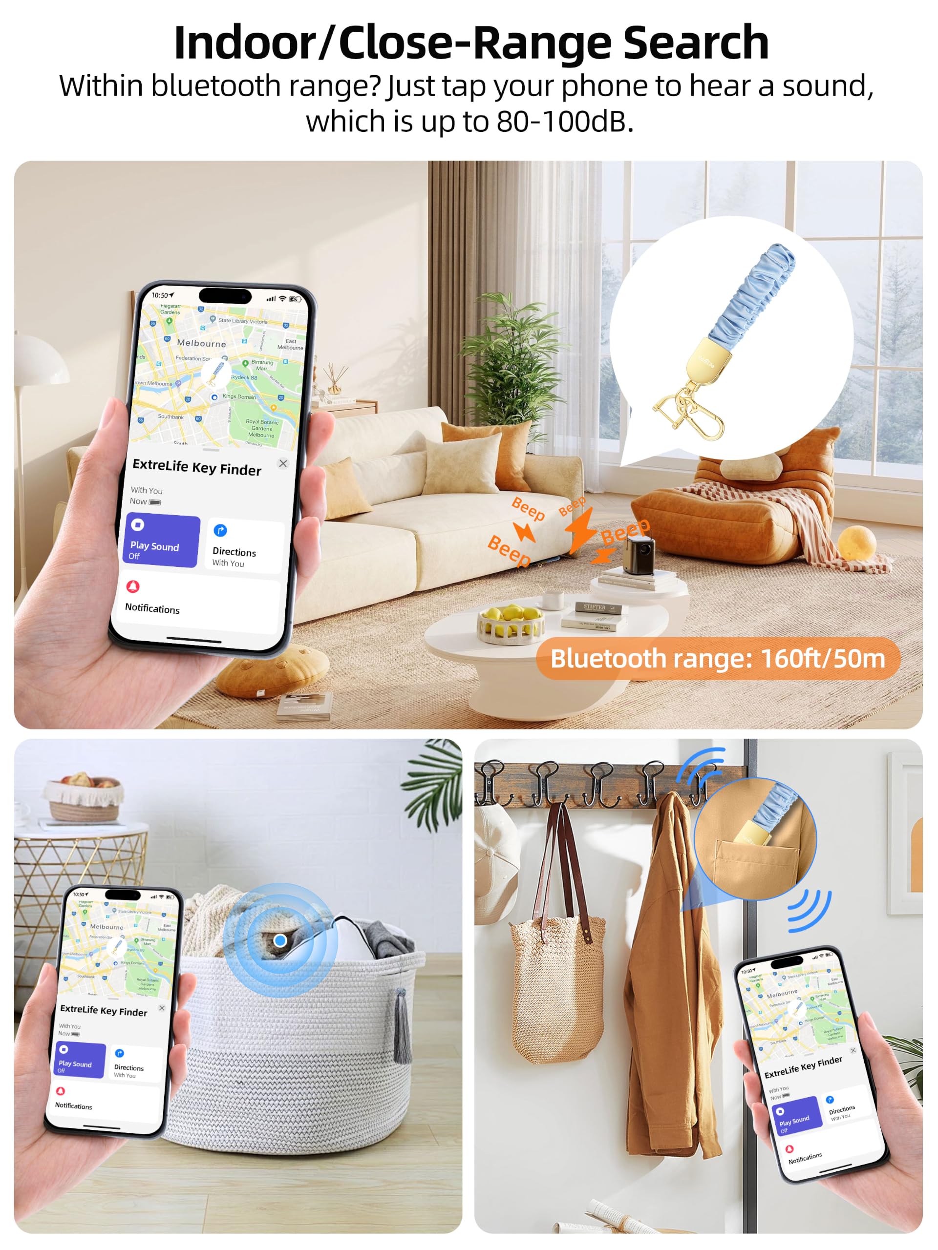 Portachiavi da polso, funziona con Apple Find My, elastico elastico per donne e uomini, portachiavi per auto con localizzatore GPS, ricerca chiavi intelligenti, ricaricabile, blu nebbia