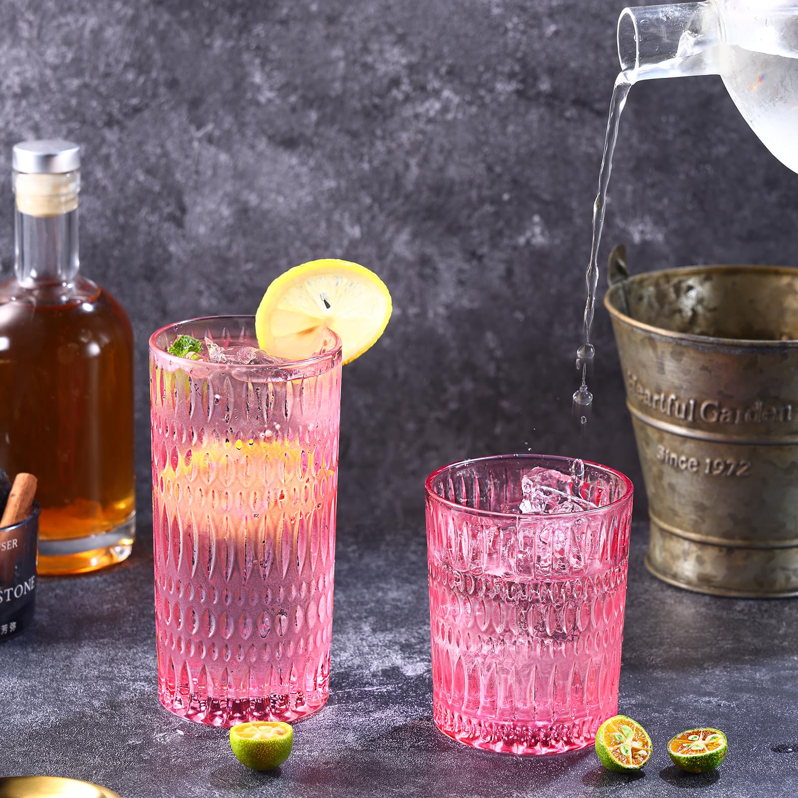 Loivttvv Glassware Trinkgläser-Set, 400 ml und gerippte Glasbecher, Vintage-Gläser für Wasser, Saft, Cocktail, Whiskey, Rosa, 8 Stück
