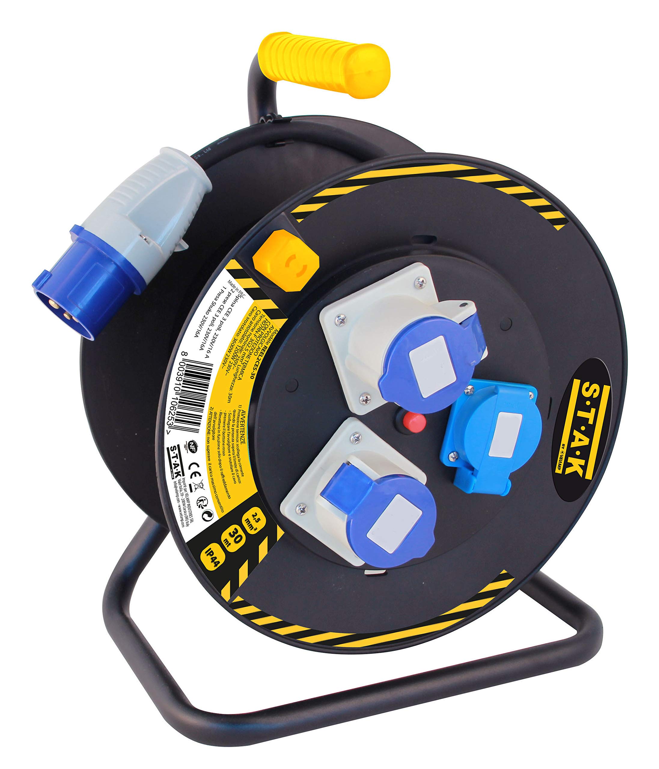 Enrollador de Cable Profesional H07RN-F3G2.5MM2, 1 Clavija CEE / 2 Tomas CEE+1shuko. 25m