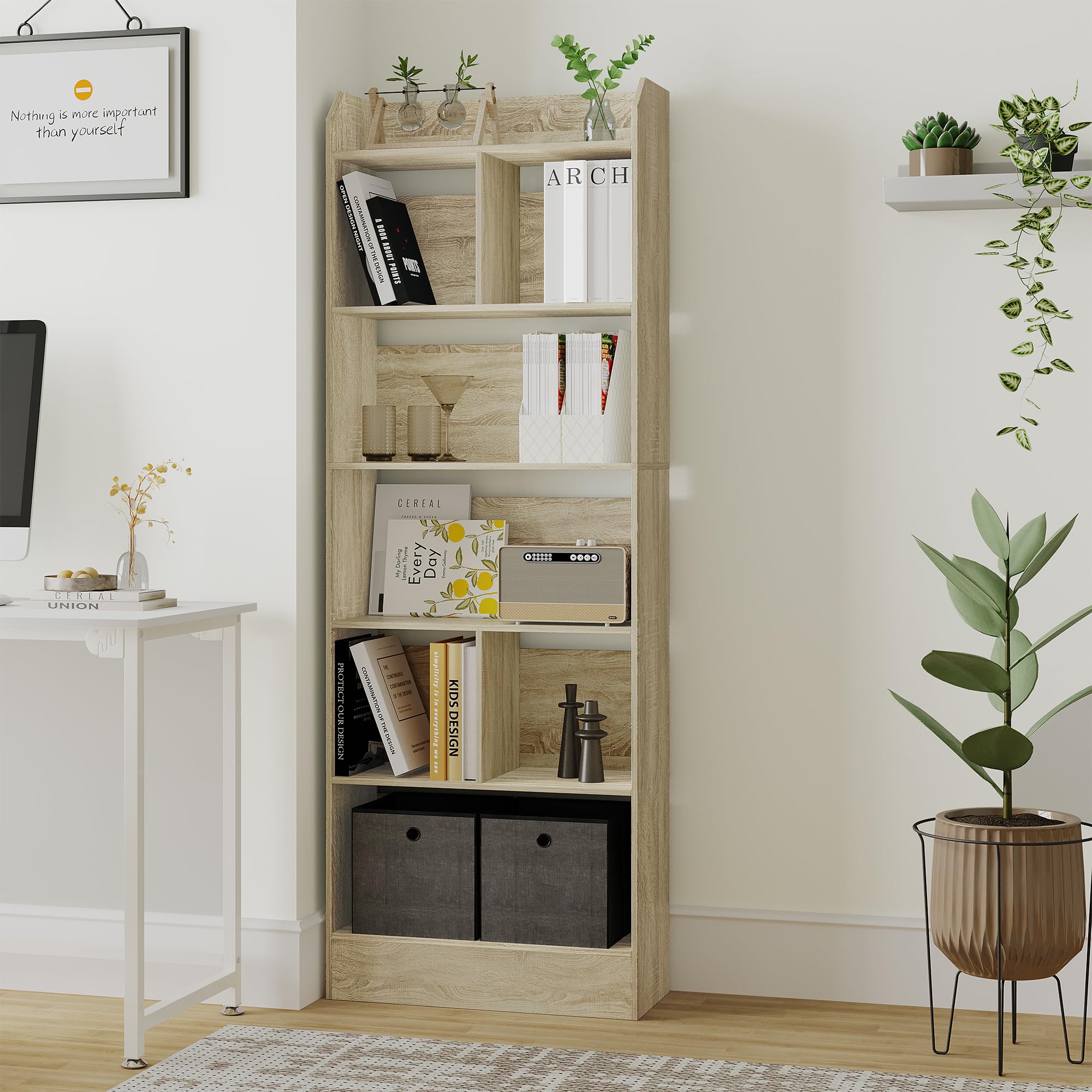 Hzuaneri Libreria a 6 Ripiani, Scaffale con Scomparti e Ripiani Aperti, Organizzatore, Libreria Verticale Mobiletto Multiuso per Soggiorno, Studio, 24 x 60 x 170 cm, Beige Rovere BC11116X