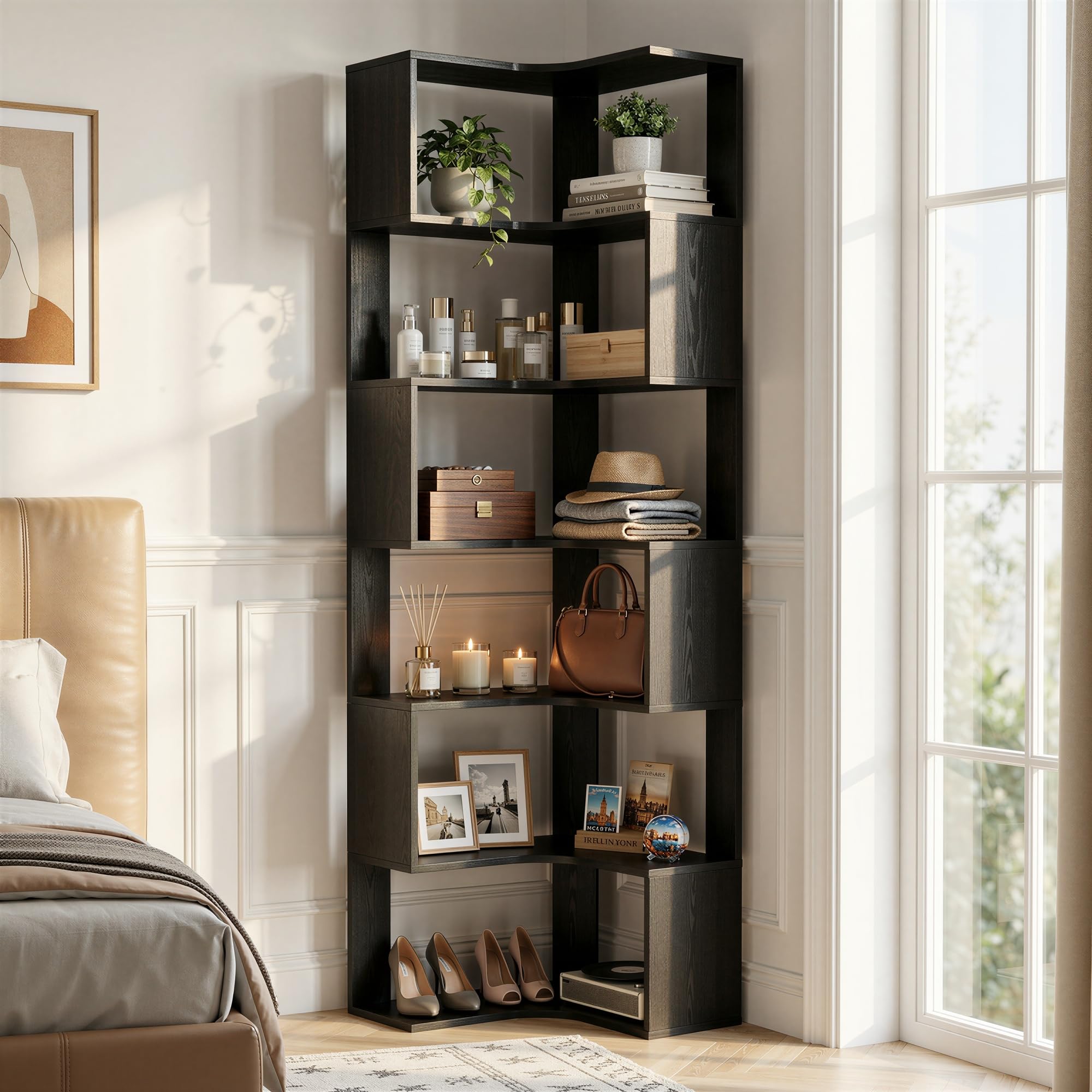 IRONCK Bücherregal 6 Ebenen Eckregal 204cm Hoch L-förmiges Standregal mit Schutzleiste, Holz offenes Regal & Aufbewahrungsregal für Wohnzimmer, Büro, Schlafzimmer, Schwarz
