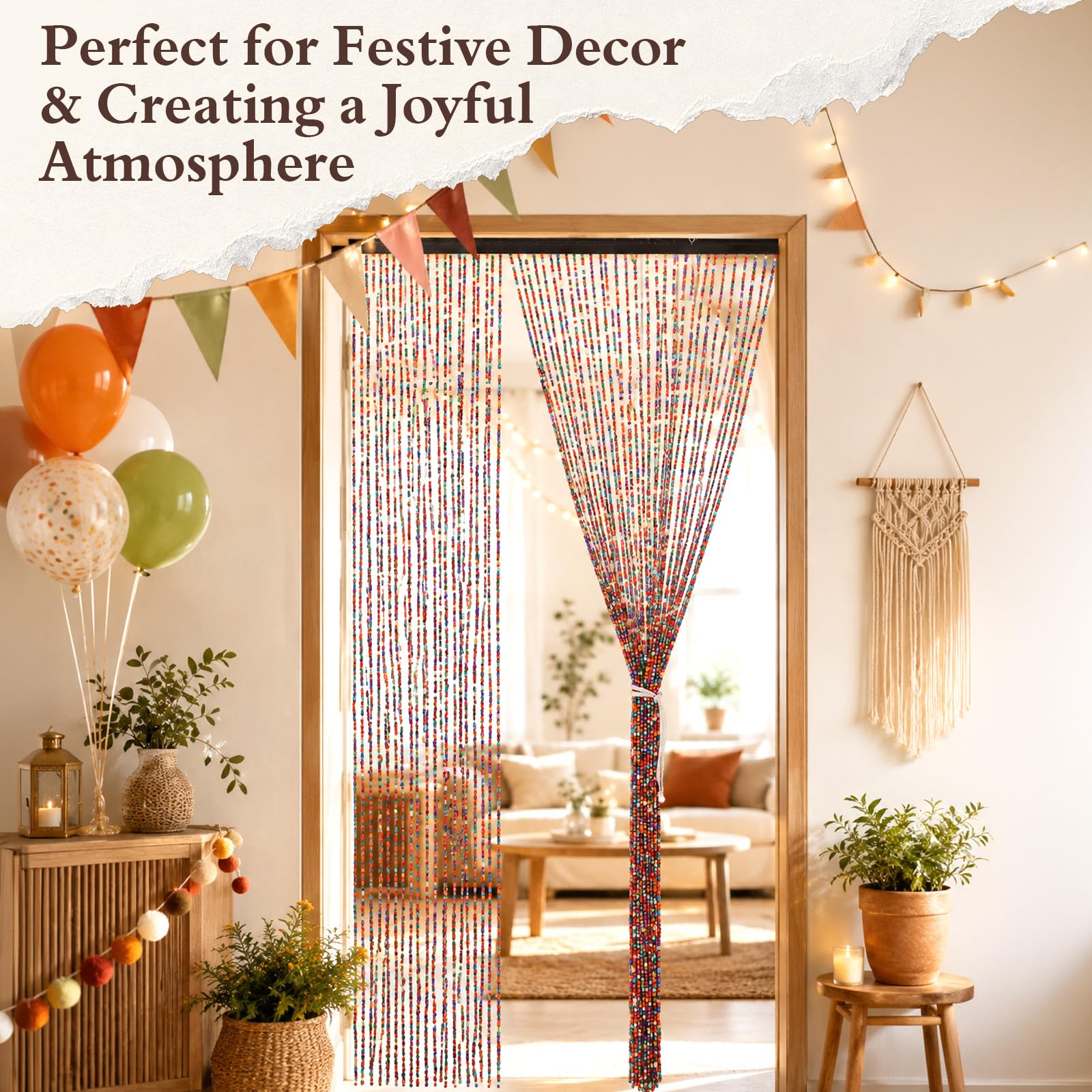 Perlenvorhang, 90x200cm Türvorhang Perlen 52 Stränge Bohemian-Stil Bambusvorhang mit 2 Riemen Perlenvorhang Insektenschutz Zuschneidbarer Holzperlenvorhang Bunt für Fenster Türen Dekoration