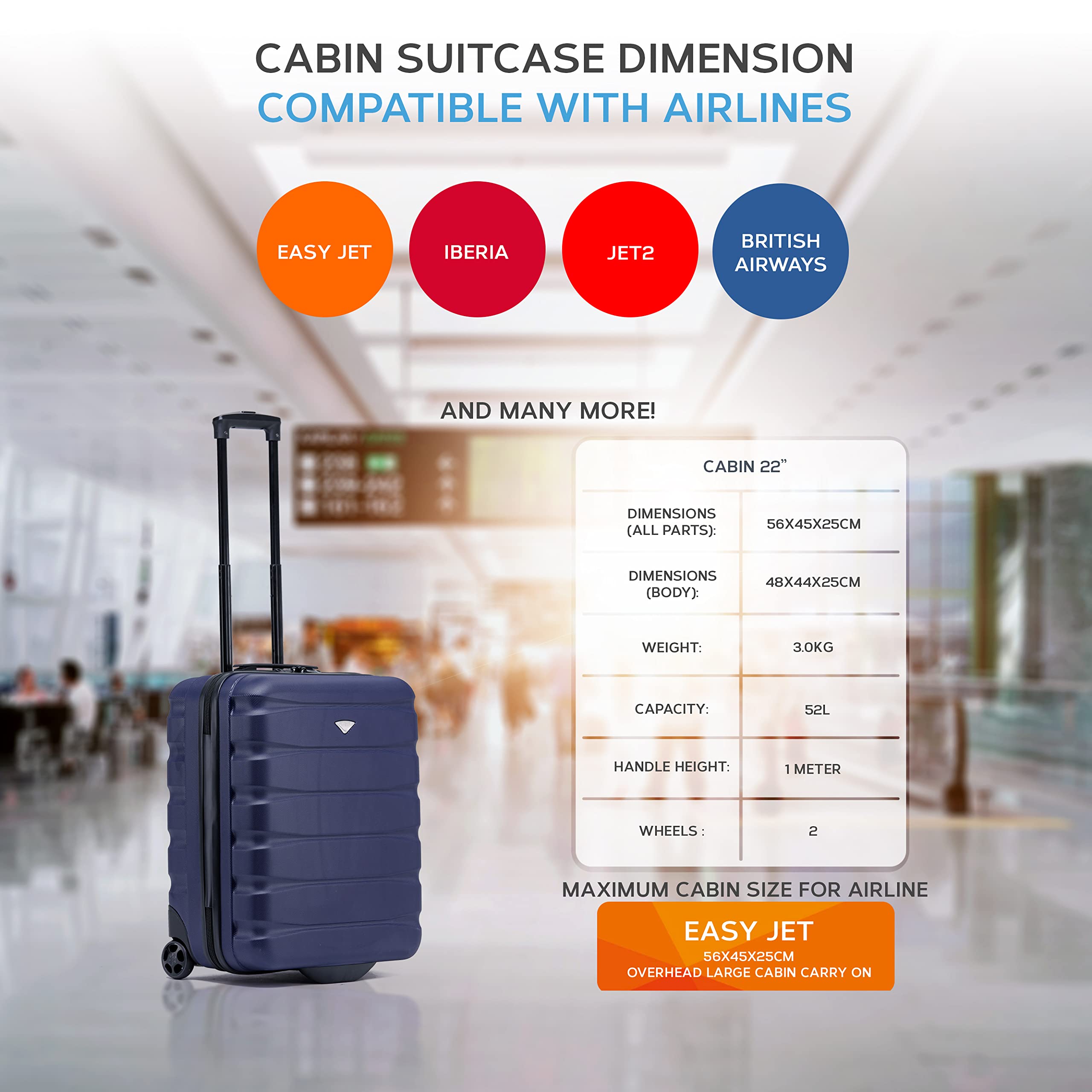 Flight Knight Lightweight 2 Wheel ABS Hard Case Suitcases Cabin Carry On Hand Luggage Approved for Airlines Including British Airways & Maximum Size for easyJet Large Cabin Bag 56x45x25cm