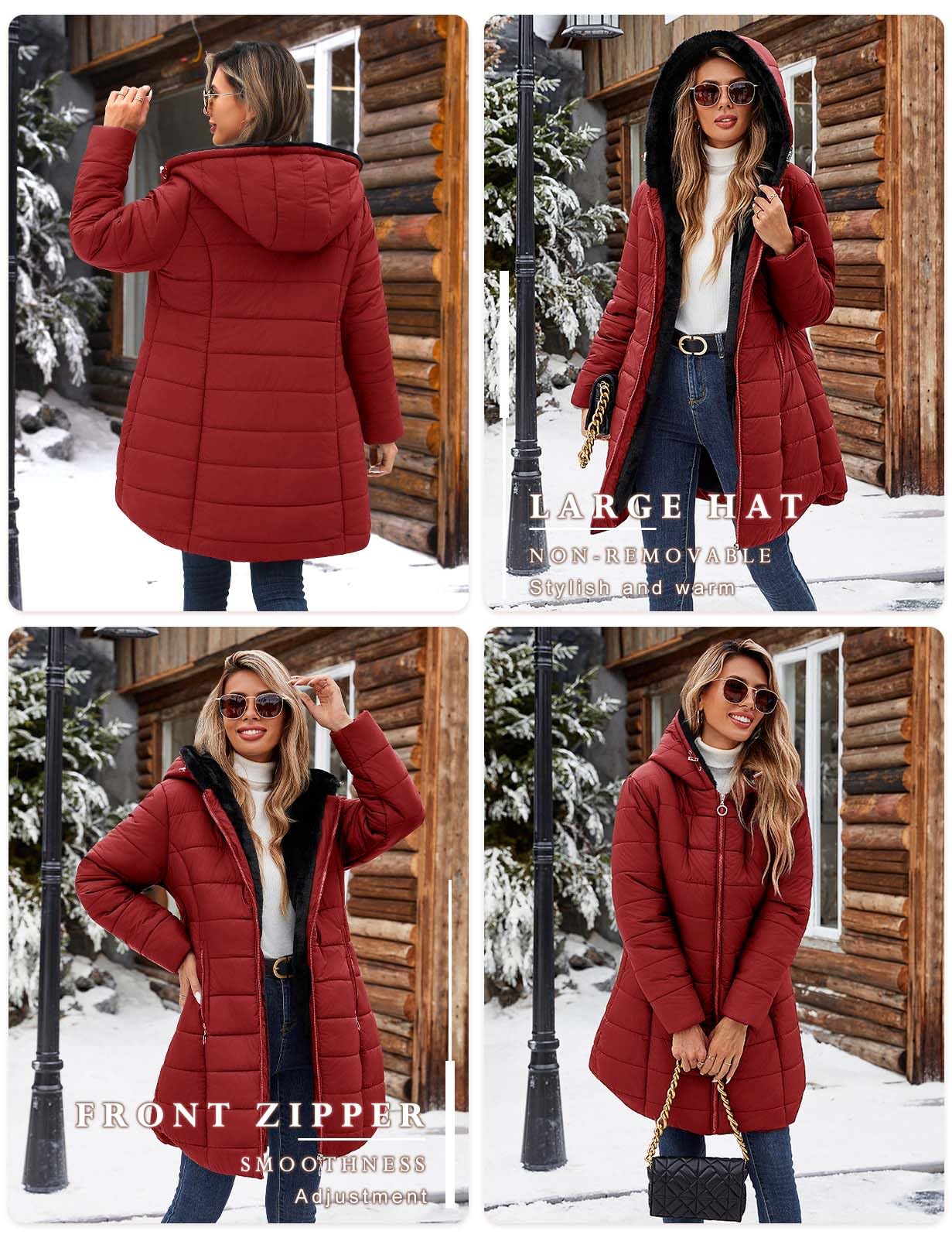 CMTOP Cappotto Donna Invernale Lungo Imbottito Parka Donna con Fodera in Peluche Cappuccio Regolabile Tessuto Idrorepellente Tasche con Zip e Polsini Antivento a Costine