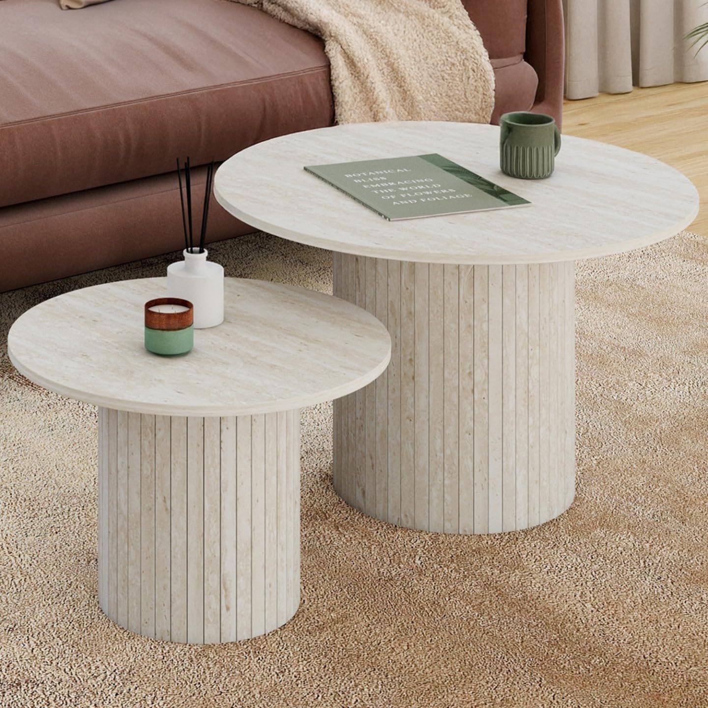 IDMarket - Lot de 2 Tables Basses gigognes Juliette Rondes 50/70 Effet Lattes travertin