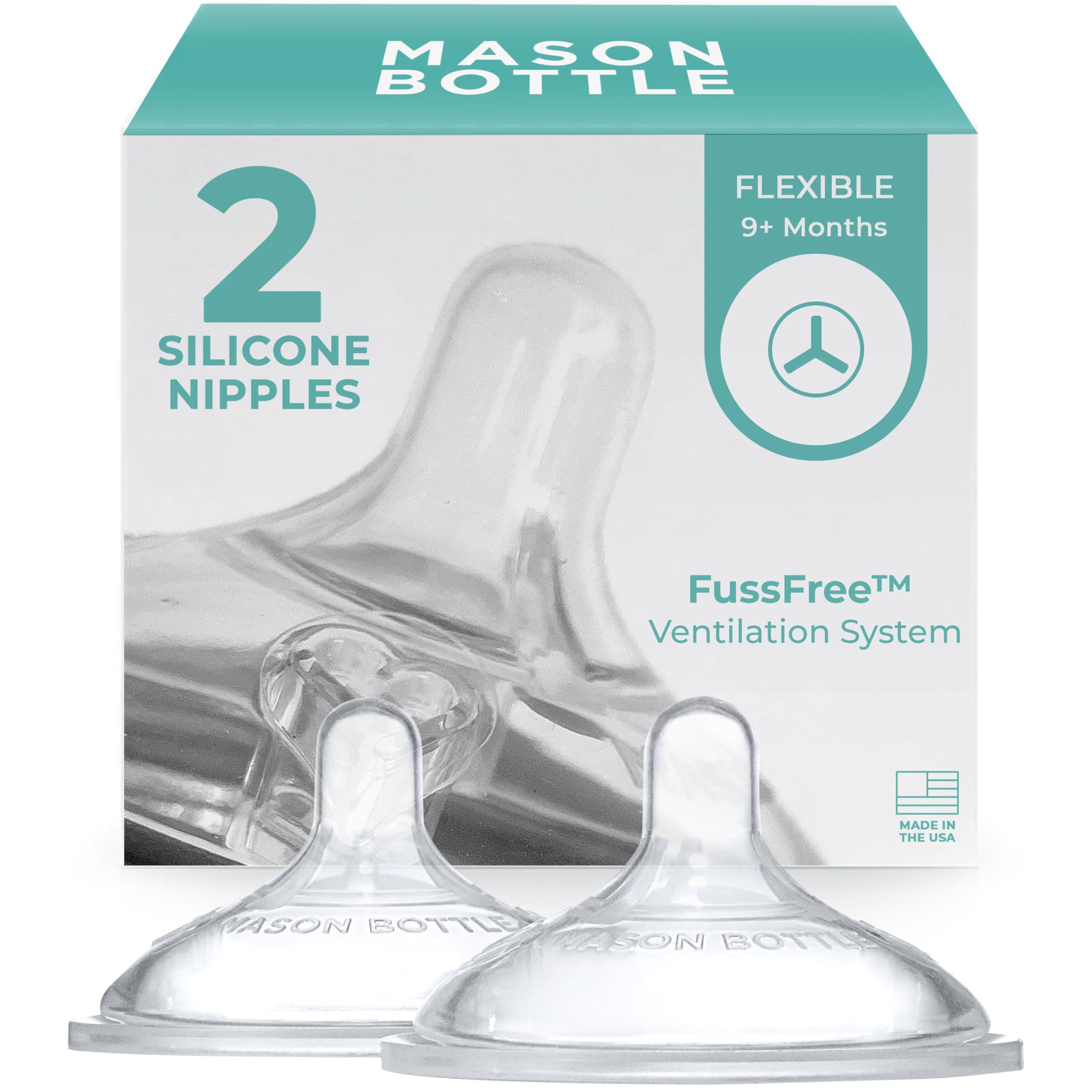 Mason Bottle Flexible Flow Nipples (6+ Months) – Silicone Baby Bottle Nipples, Fits Any Regular-Mouth Mason Jars – Wide Natural Shape, BPA-Free, Non-Toxic, Made