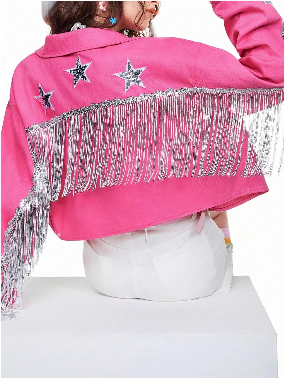 OYOANGLE Women's Y2K Sequin Stars Fringe Denim Jacket Long Sleeve Button Up Crop Jean Jackets - Image 2