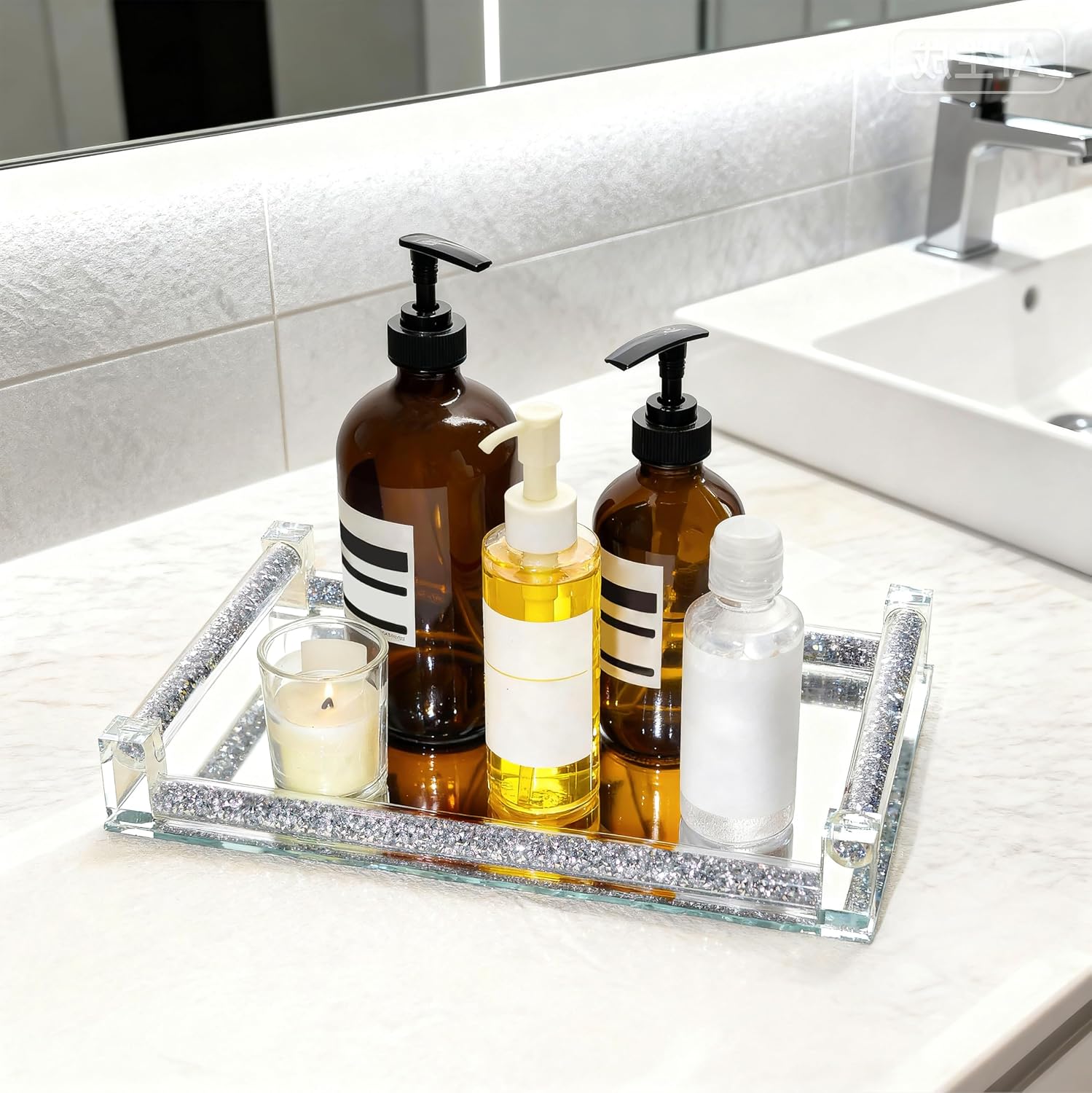 kanpura Mirror Perfume Tray, Crushed Diamond Filled Crystal Glass Vanity Tray, Decorative Bathroom Trays with Handles, Jewelry Trinket Holder for Party, Bathroom, Bedroom for Women - Image 3
