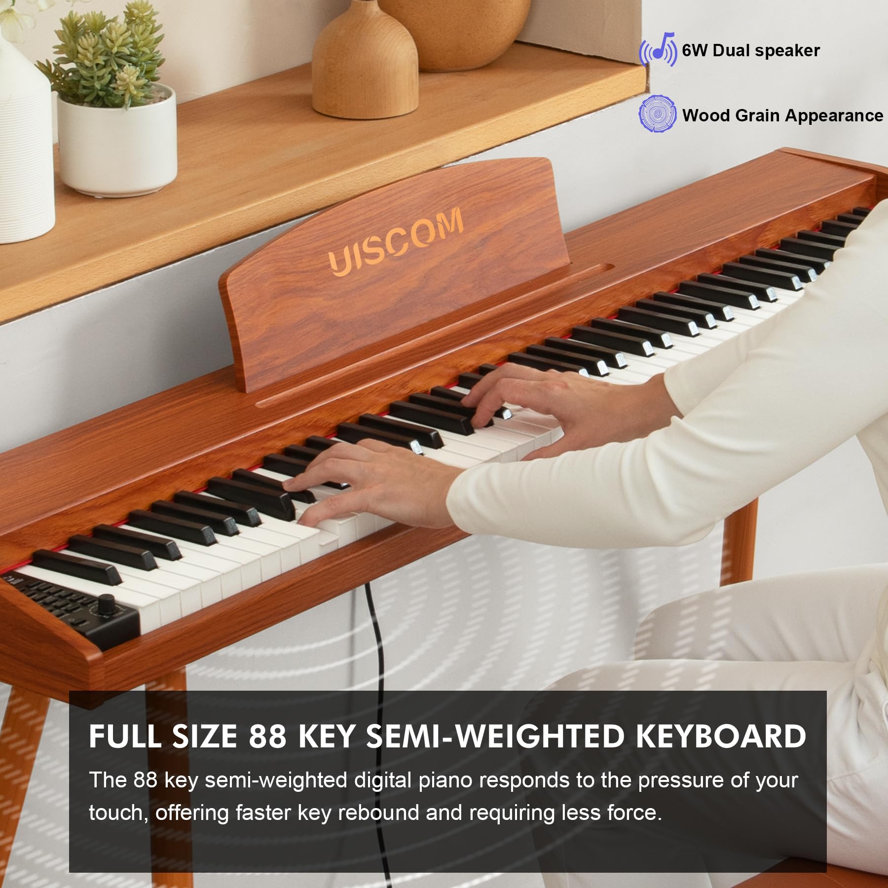 UISCOM - Teclado digital para piano de 88 teclas semiponderado para principiantes, piano eléctrico de tamaño completo con soporte, pedal triple, adaptador, soporte de partitura, auriculares,