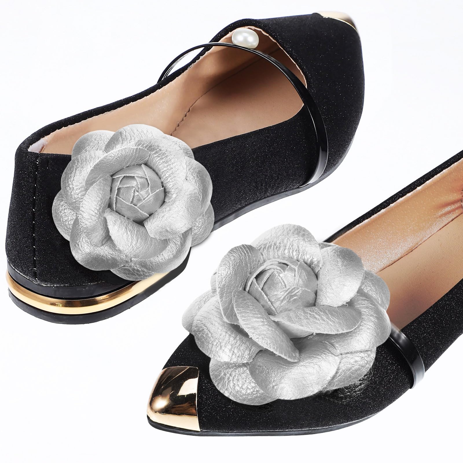 VALICLUD 2PCS Silver Leather Rose Flower Shoe Clips with 6.5cm Duckbill Brooch Pins Satin Fabric Shoe Jewelry Clips for Heels and Flats Removable Floral Footwear Charms — view 9