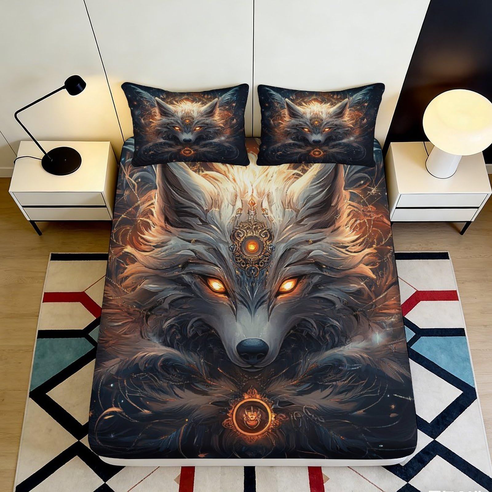 3D Printed Mystic Wolf Fitted Sheet Microfiber Soft Non-Slip Dream Forest Mattress Cover for Bedroom Dorm Decor 90x200x25cm