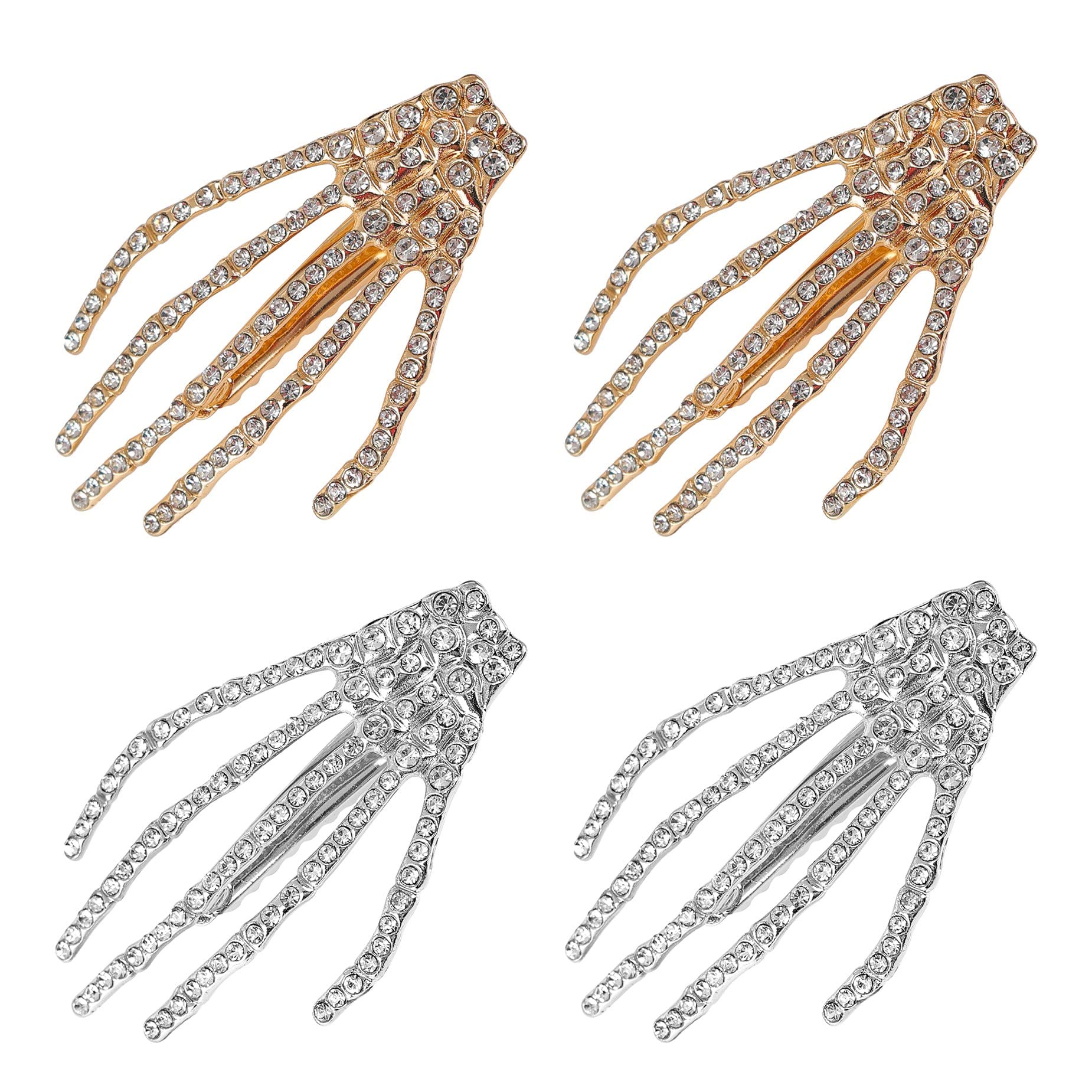 Framendino4 Pack Rhinestone Skeleton Hand Hair Clips Halloween Skeleton Claws Skull Hand Hairpins Headwear for Women
