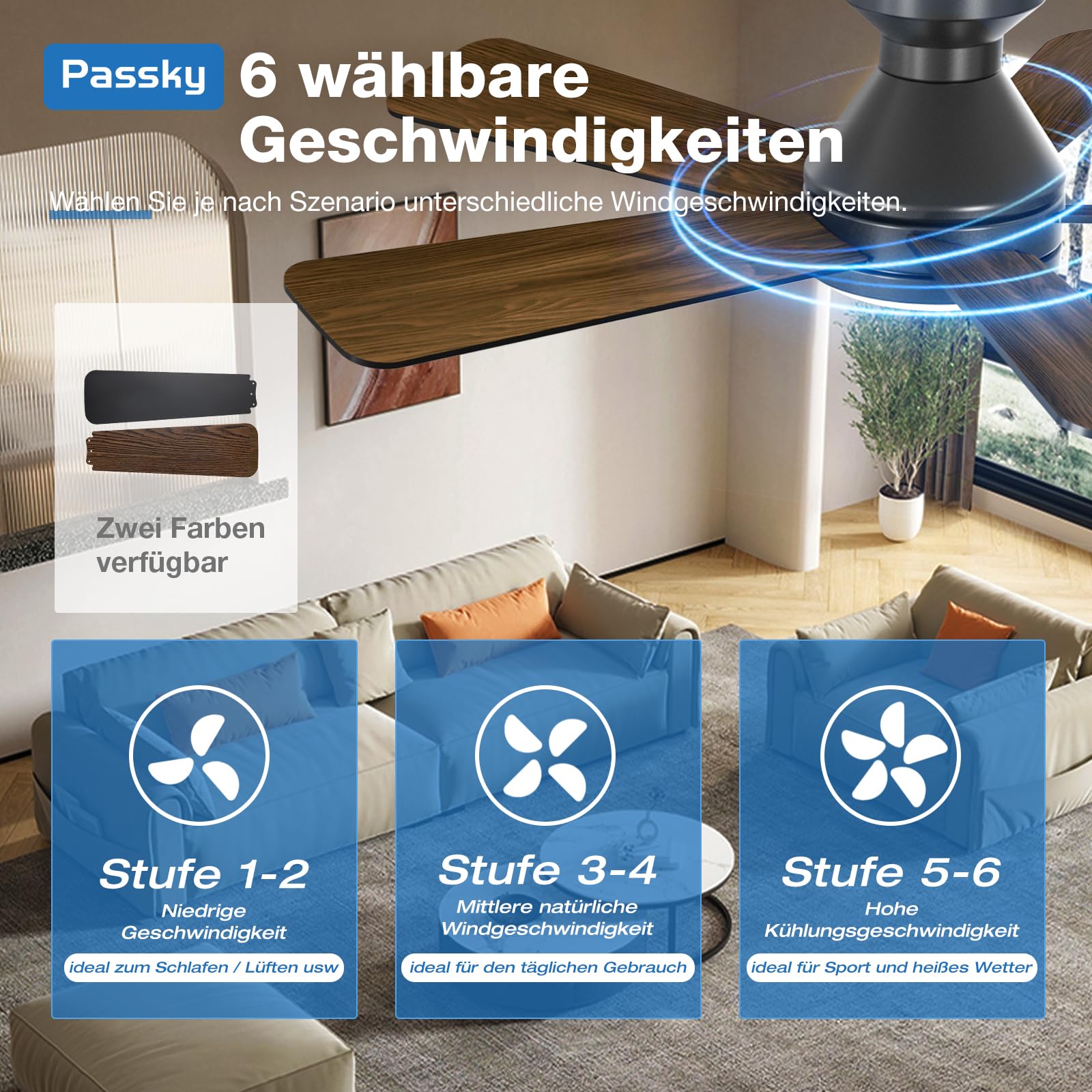 Passky 107cm Deckenventilator mit Beleuchtung & Fernbedienung, leiser DC-Motor, 6 Geschwindigkeiten, Dimmbare LED-Leuchte, 3 Farbtemperaturen Schwarz