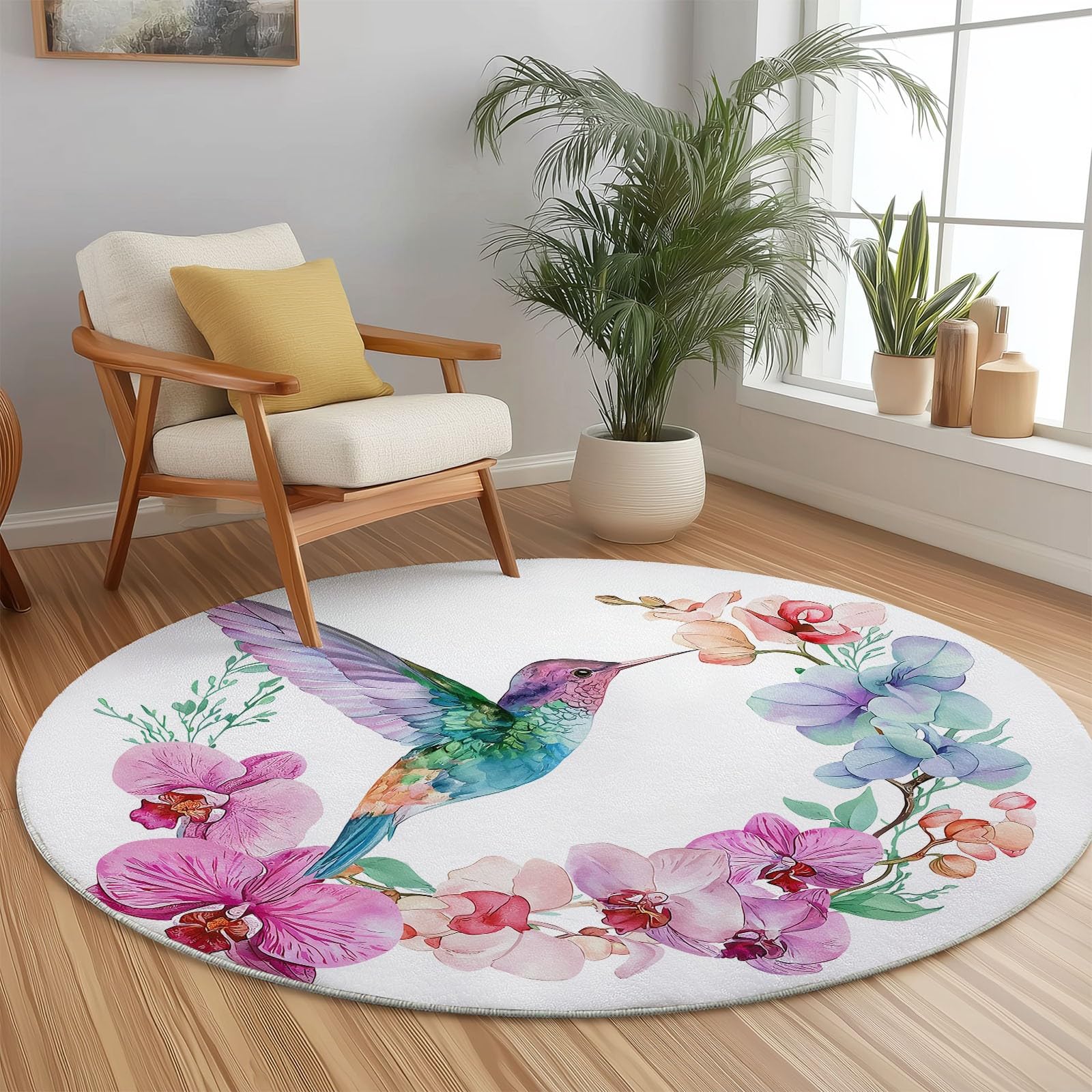 Generisch Aquarell Kolibri Orchidee Runder Teppich Wohnzimmer, Weiß Style Schlafzimmer Dekoration Teppich Teenager Männer Gaming Zone Rugs Mat rutschfest Washable, 120 cm