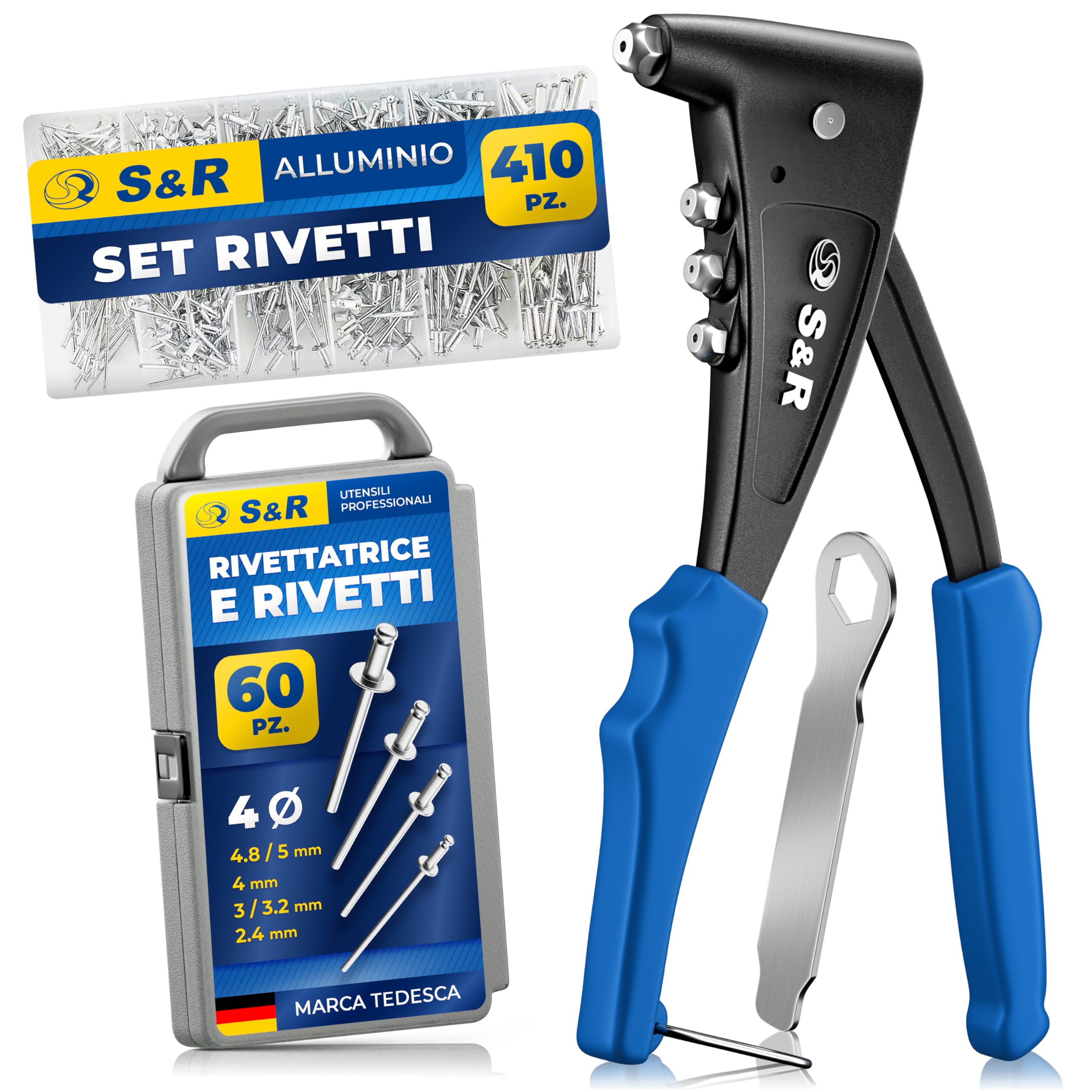 S&R Rivettatrice Manuale Professionale con 470 Rivetti. Pinza Professionale per Rivetti in Alluminio e Acciaio Inox per Fori Ciechi, Tenaglia per Rivetti a Strappo con 4 dadi, 1 Chiavetta, 1 Box.