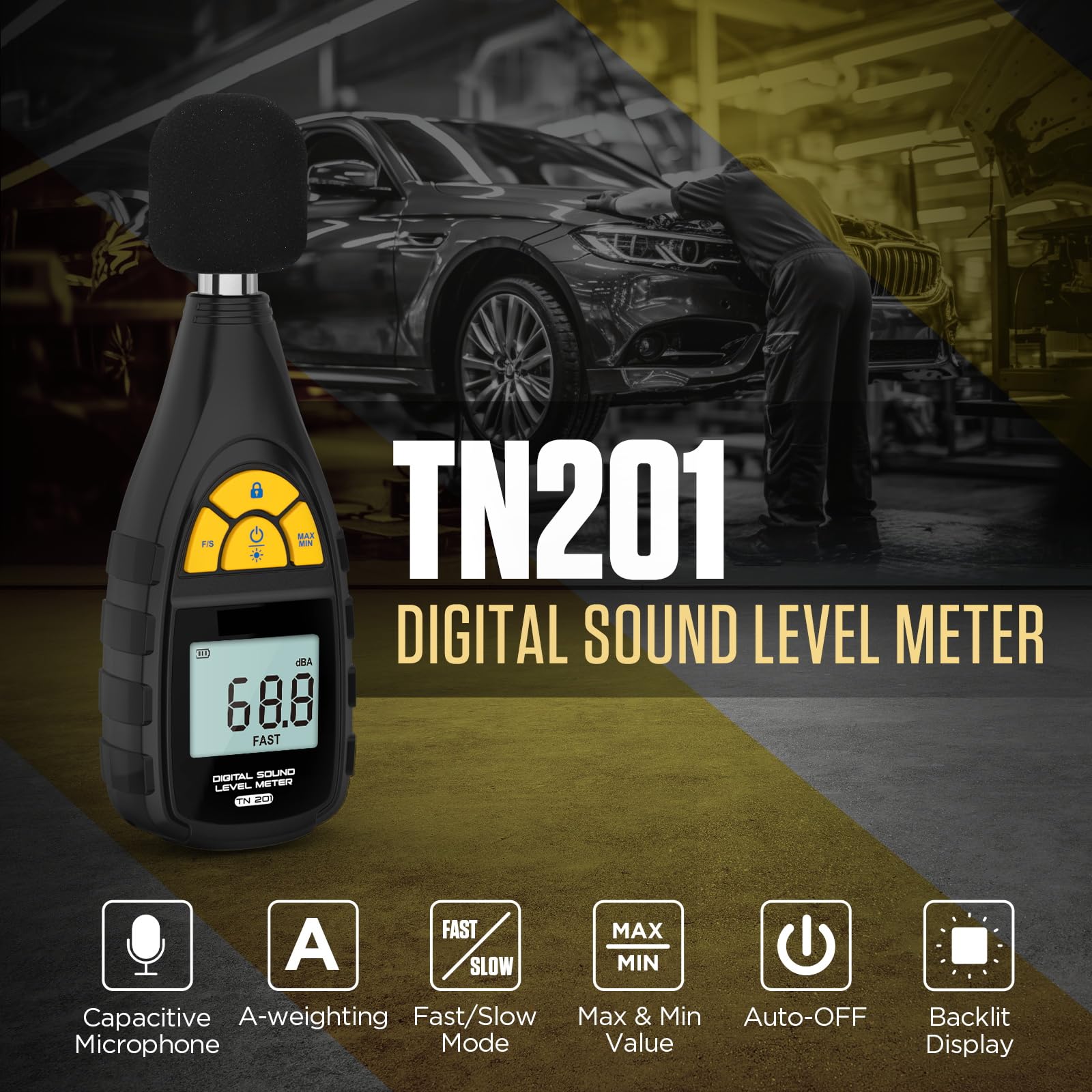 QPKING Decibel Meter,TN201 Digital Sound Level Meter Portable Noise Decibel Tester 30-130dB MAX Data Hold with LCD Display Backlight Capacitive Microphone,Fast/Slow Mode,Max & Min Value,Auto-Off
