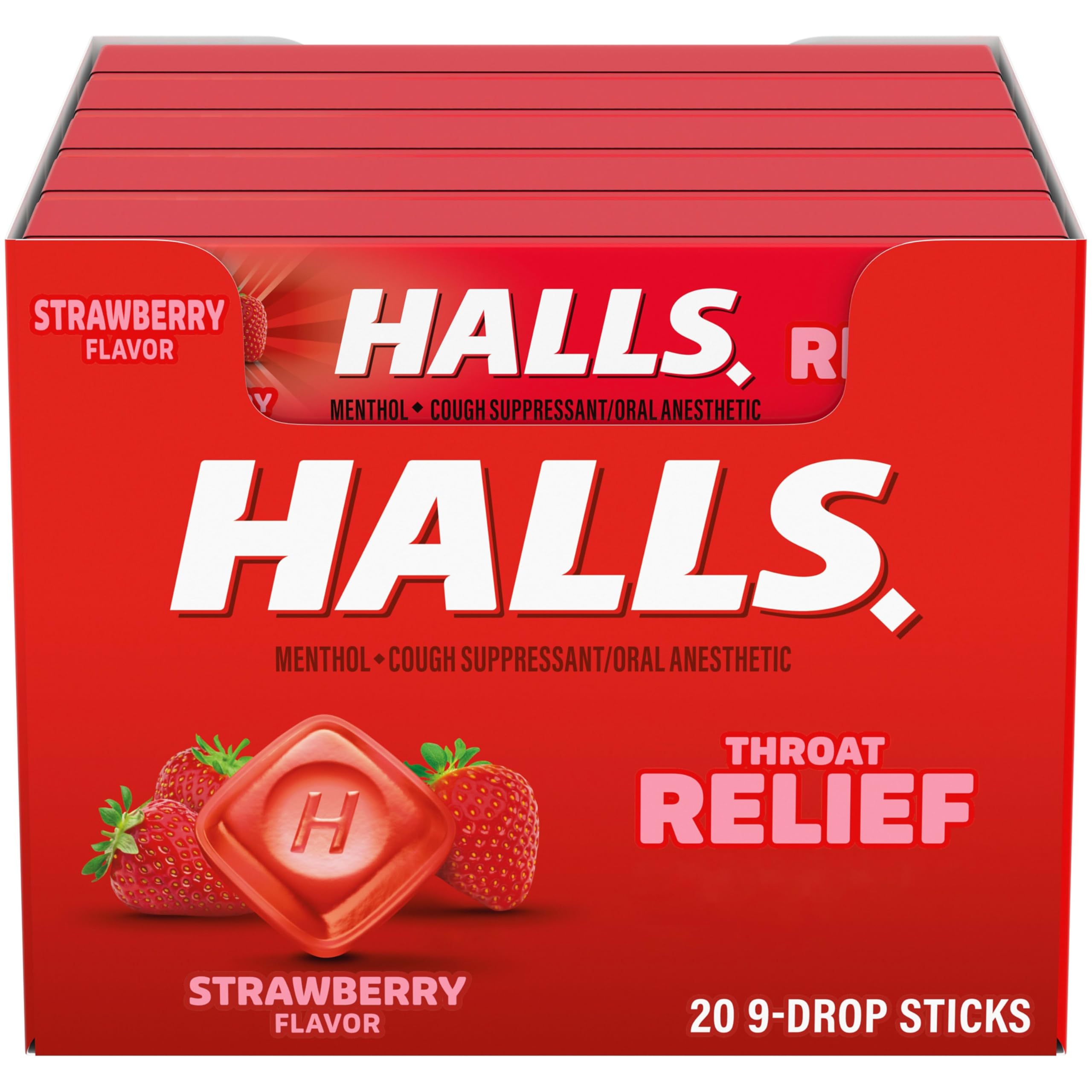HALLS Throat Relief Strawberry Cough Drops, 180 ct