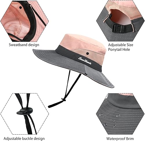 Miniatura 5 de Sombrero de sol para mujer con agujero para cola de caballo sombrero de sombra con protección UV malla plegable ala ancha sombrero de pesca para