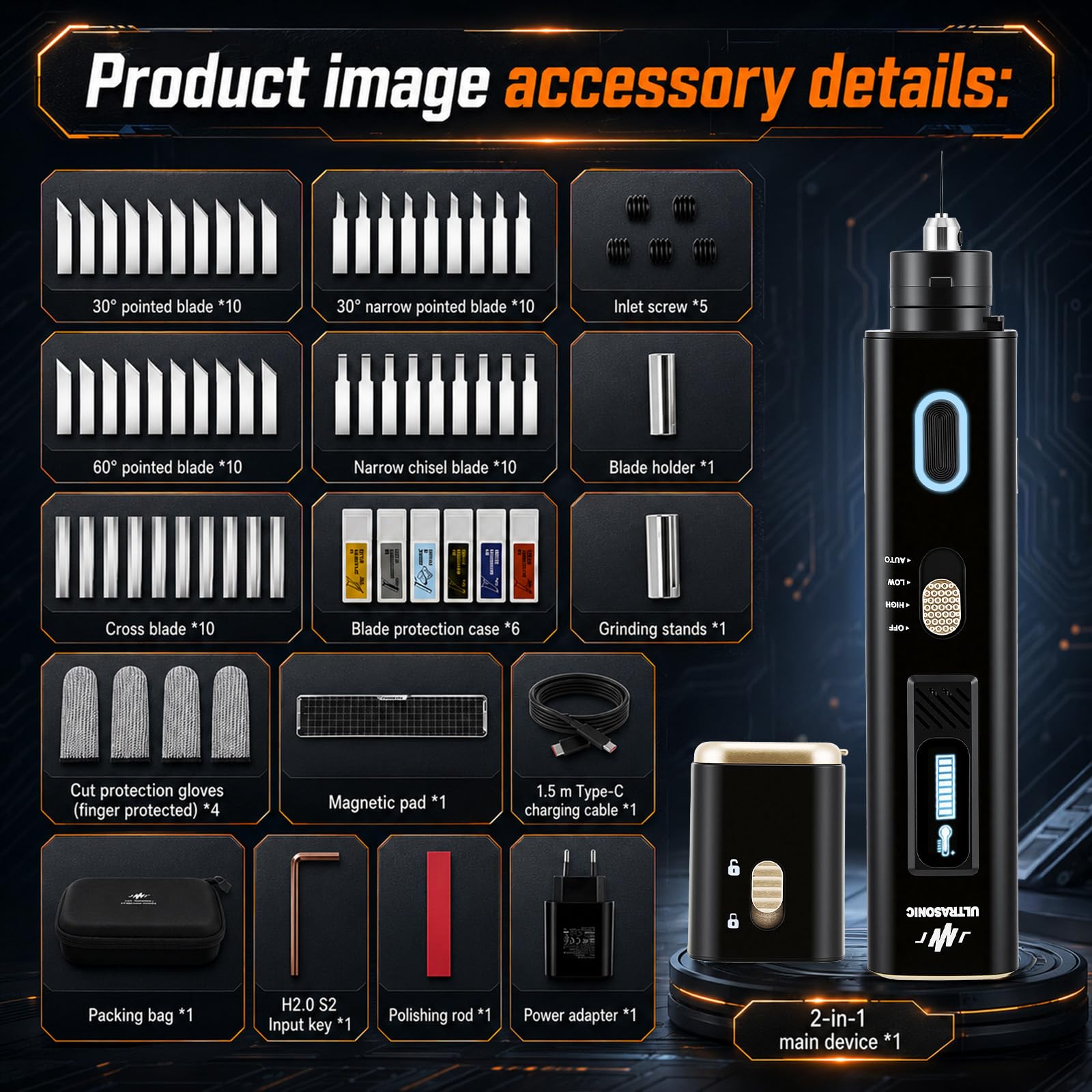 Cortadora Ultrasónica Portátil 40kHz con 50 Cuchillas, 35W Cuchillo Ultrasónico con Pantalla OLED & 4 Modos, Herramienta de Corte de Precisión para Impresión 3D, Madera, Plástico, Cuero