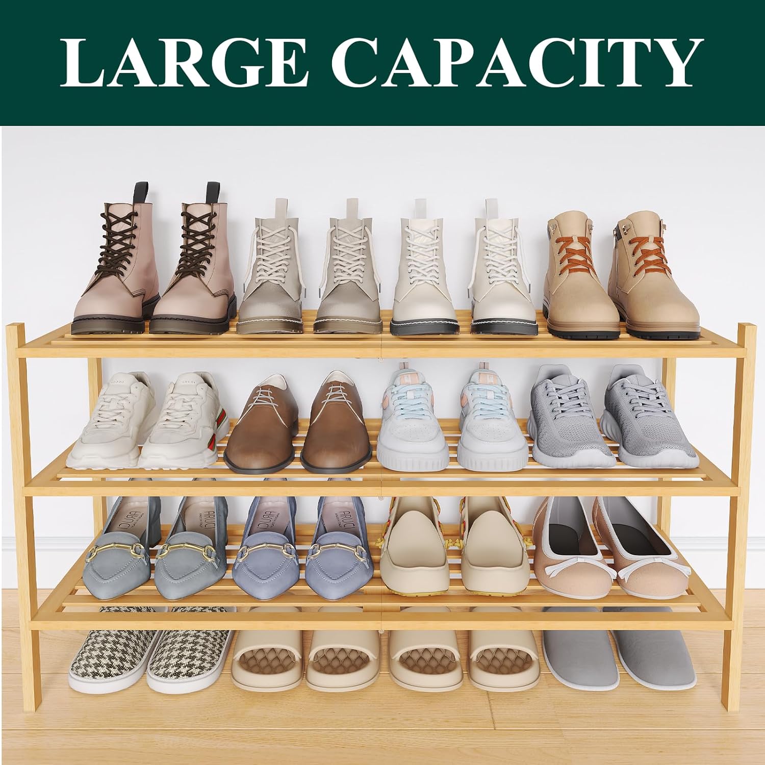 Smiry Long Bamboo Shoe Rack 3-Tier, Stackable Wooden Shoe Organizer for Entryway & Closet, Free Standing Wood Shoe Storage Shelf for Front Door & Small Spaces, Natural