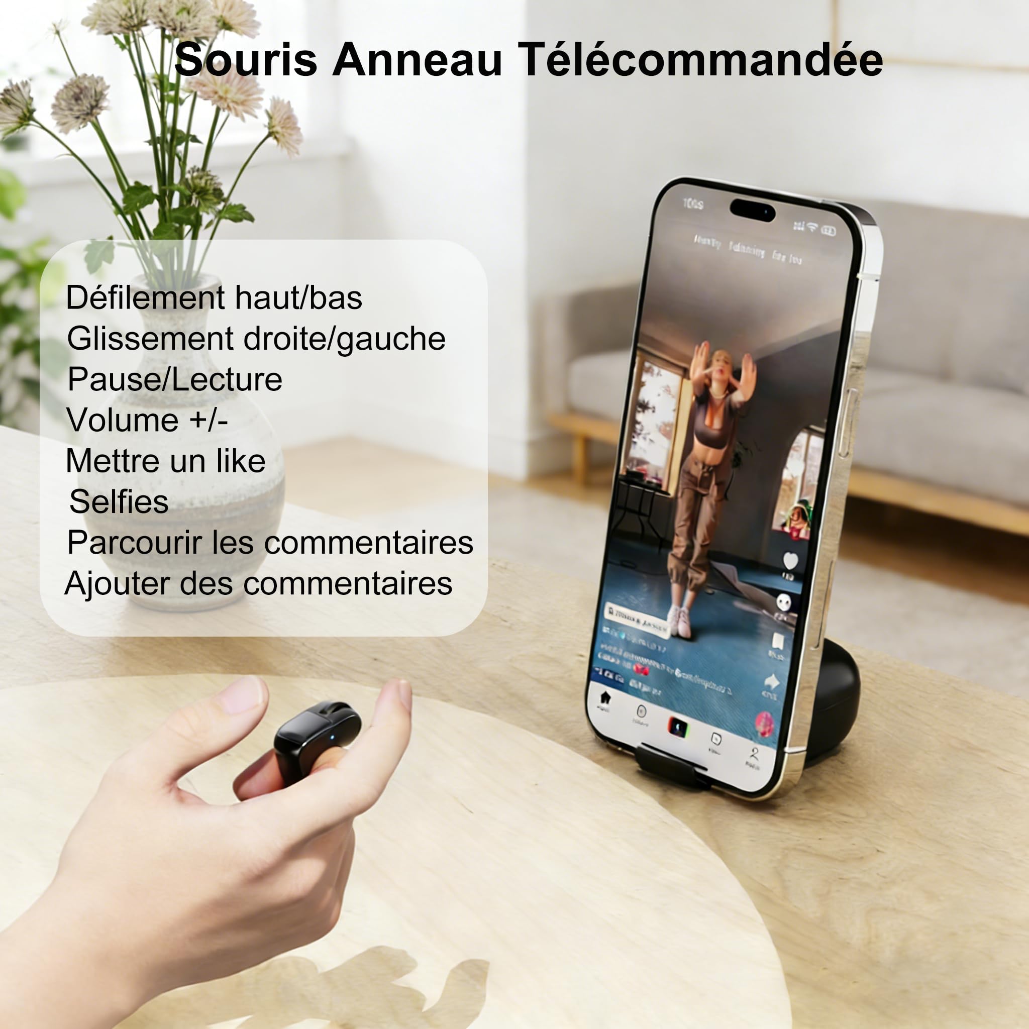Tiktok Souris à Anneau Défilant avec Pavé Tactile, Mini Bluetooth Portable Rechargeable avec étui de Chargement, Télécommande pour Photo/Vidéo/App Kindle/PPT, pour PC Computer Smartphone Tablette-Noir