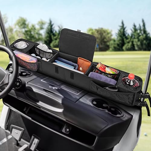 Miniatura 6 de PGmoon Cesta de almacenamiento frontal para carrito de golf con portavasos aislados, organizador de bandeja de tablero sin perforaciones compatible