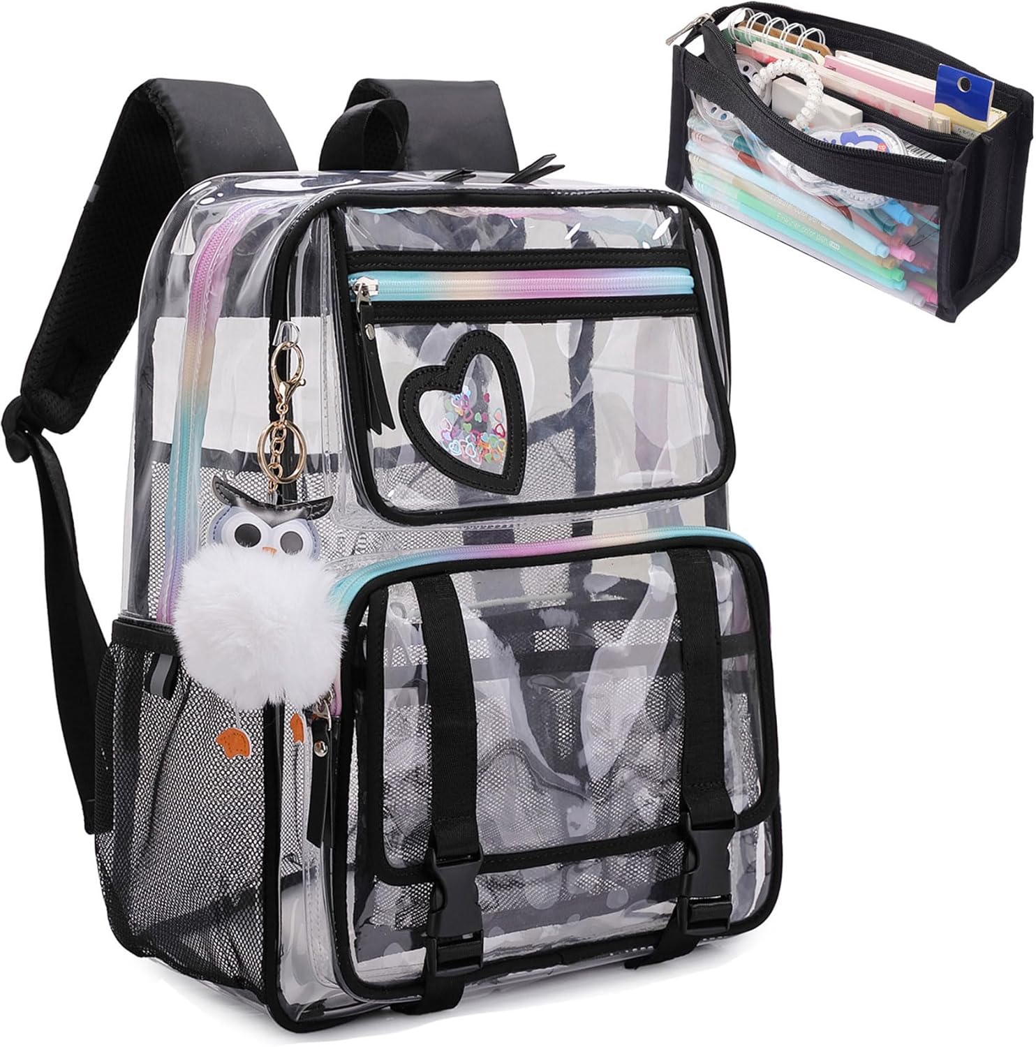 Clear Backpack, Clear Bookbag with Pencil Bag Heavy Duty See Through Bags for Primary Students Teenagers College Work Festival Travel(Clear Bag Black)