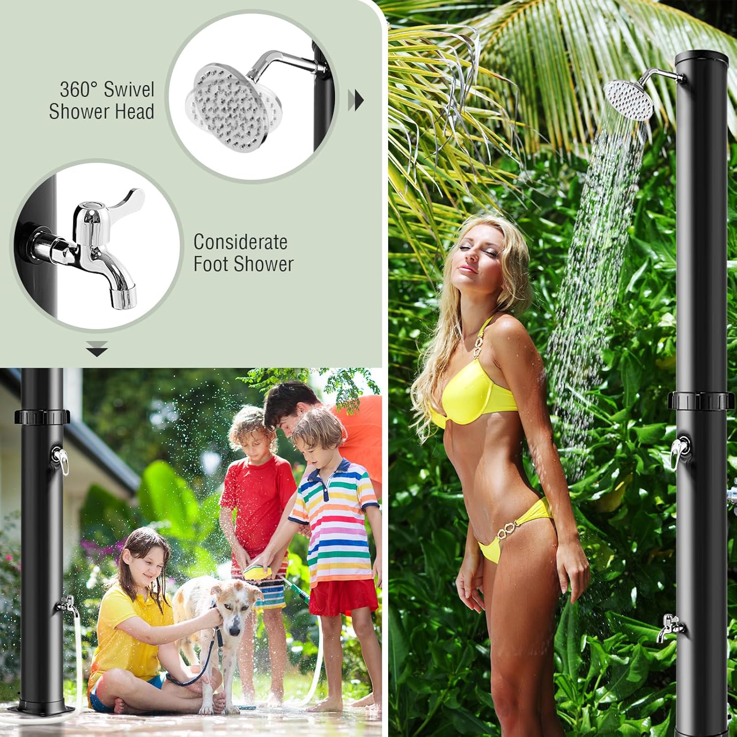 Goplus solar shower features: swivel head and foot shower