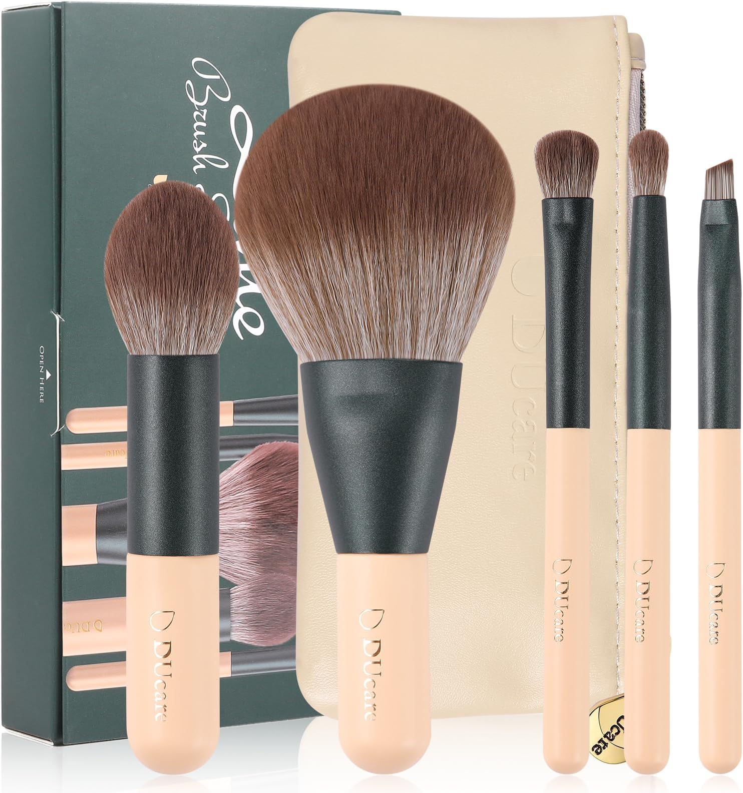 Travel Makeup Brushes Set with Bag,5PCS Portable Mini Cosmetic Brushes Kit for Powder,Blush,Foundation, Eyeshadow, Tapered Kabuki Coverage Mineral Bronzer Buffing Brush Green
