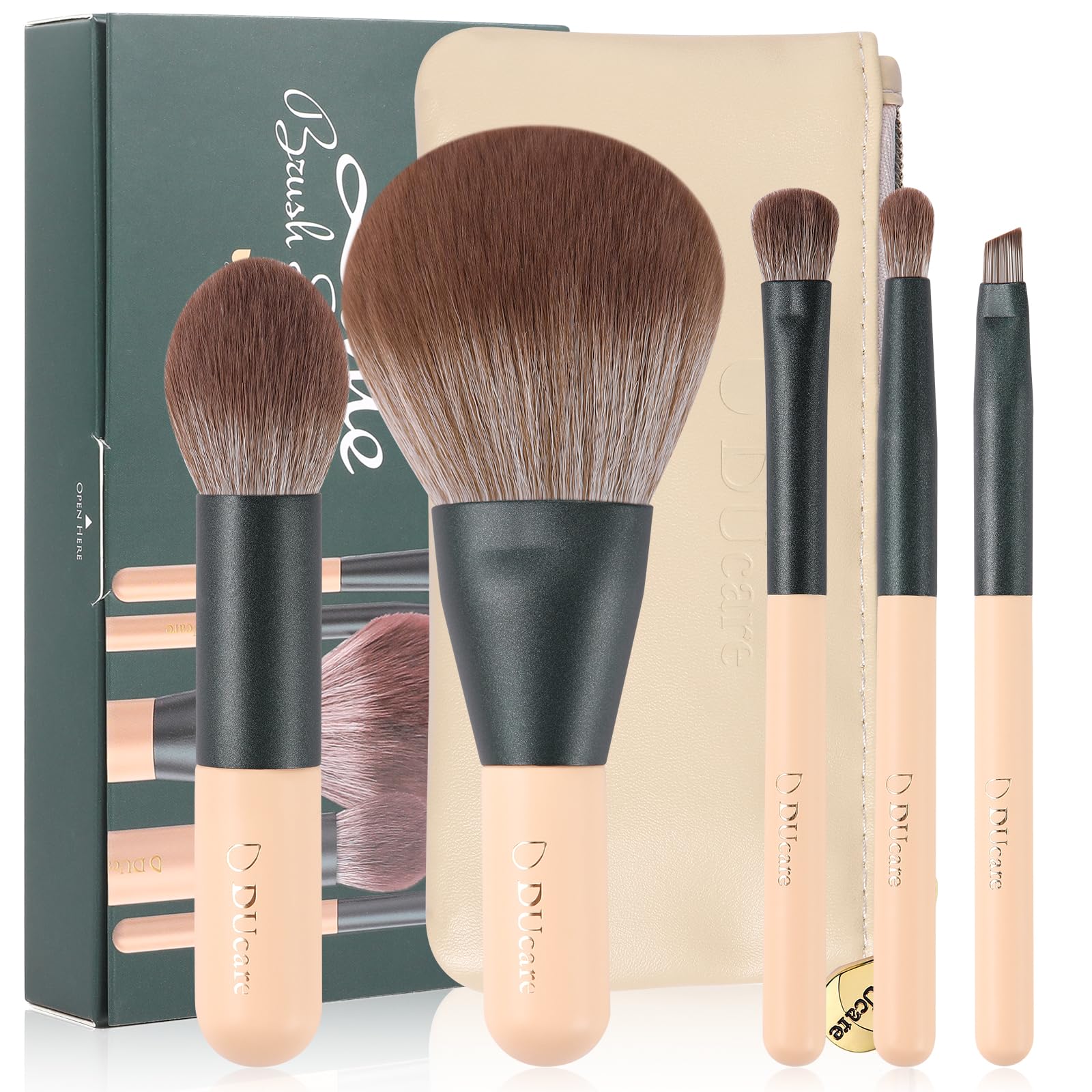 DUcare Travel Makeup Brushes Set with Bag,5PCS Portable Mini Cosmetic Brushes Kit for Powder,Blush,Foundation, Eyeshadow, Tapered Kabuki Coverage Mineral Bronzer Buffing Brush