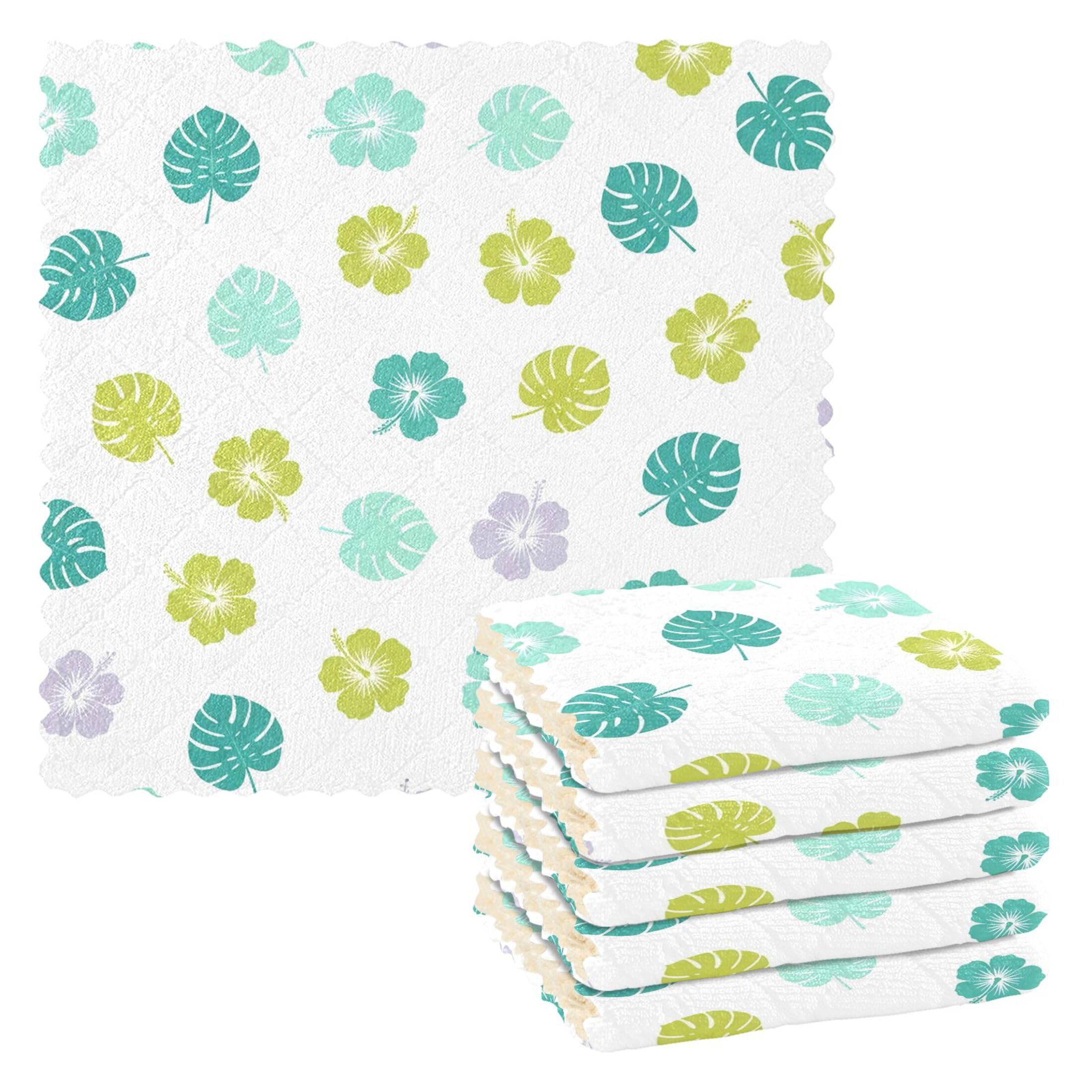 Fuauuyl Hibiscus Monstera Leaves Kitchen Dish Towel Set of 6, Soft Absorbent Washable Cleaning Cloths Dish Rags Tea Bar Drying Towels, 11x11 In