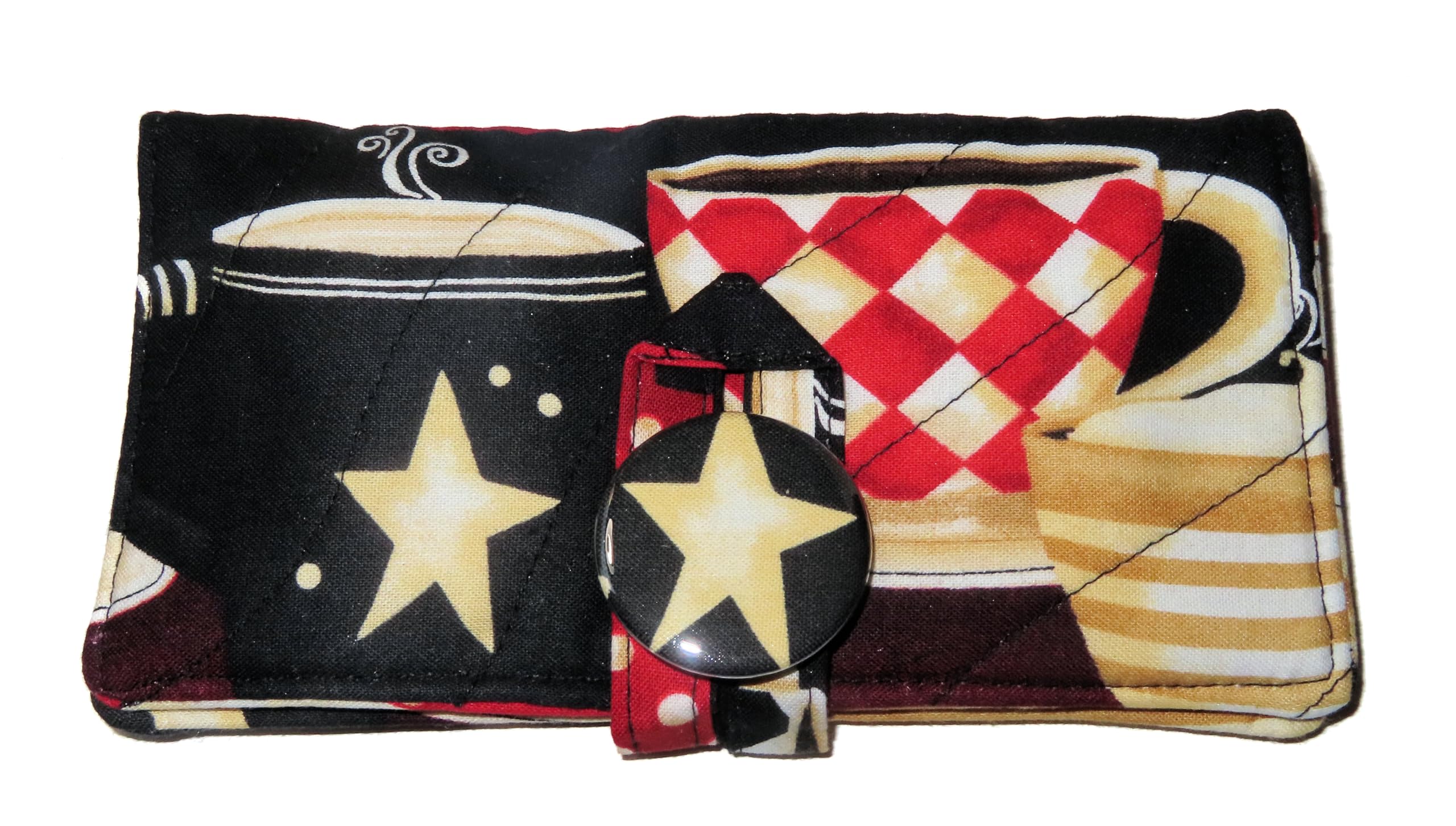 Tea Bag Wallet Includes 4 Tea Bags, Handcrafted, Four Pocket Wallet, English Tea Time Quilted Black Red and Cream Cups and Mugs