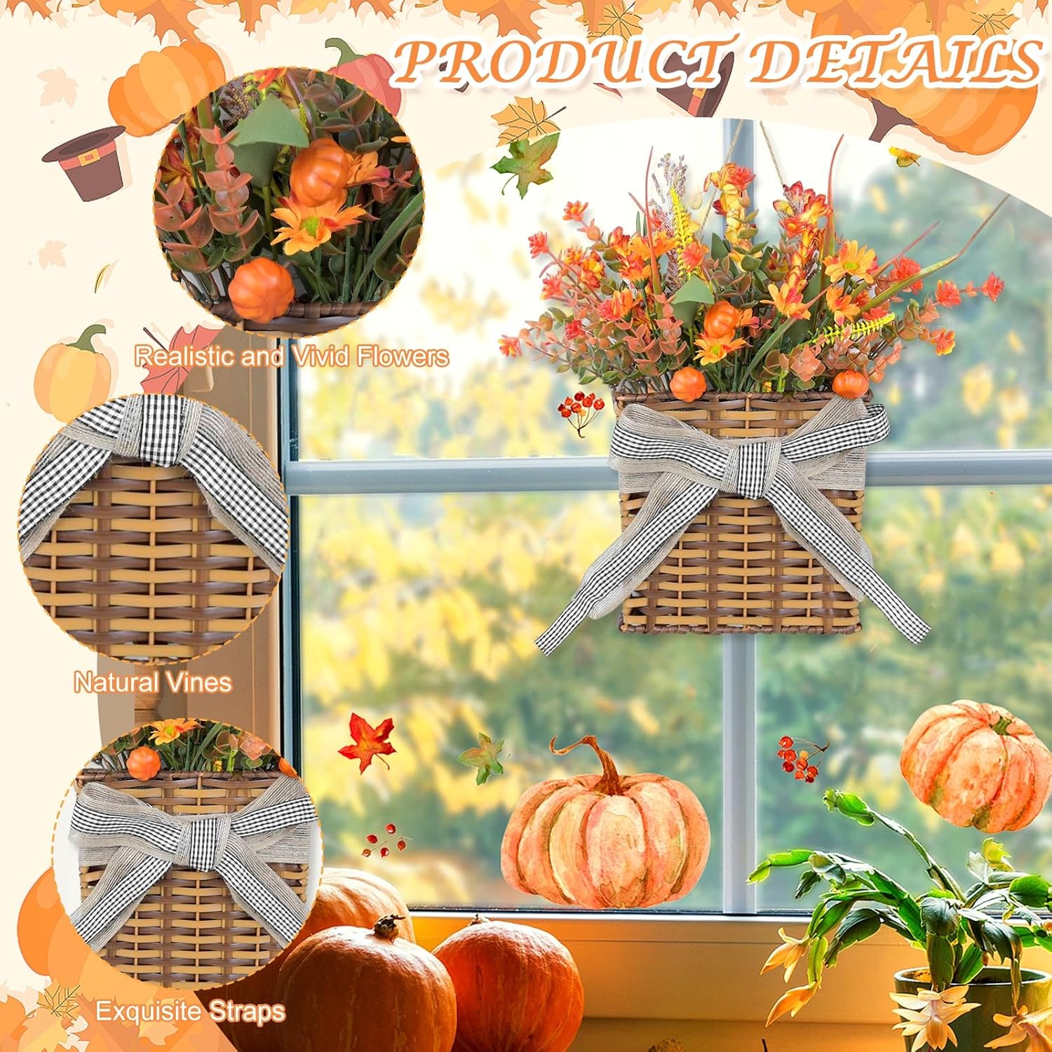 Thanksgiving Fall Door Hanger Basket Wreath Orange Pumpkin Wreath, Artificial Autumn Pumpkin Wreaths with Mixed Leaves Sunflower for Front Door Indoor Outdoor Decor Farmhouse Harvest Orange Wreaths - Image 4