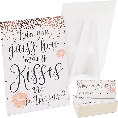 Sparkle and Bash Juego de despedida de soltera Adivina cuántos besos para 60 invitados para bodas (1 tablero de reglas, 60 tarjetas de adivinanzas)