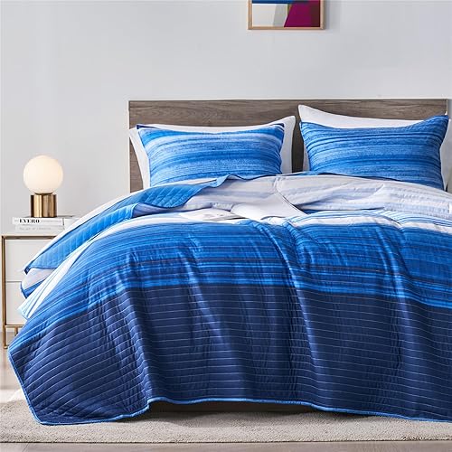 KAKIJUMN Juego de ropa de cama matrimonialqueen, juego de edredón de rayas de retazos blancos y azules, juego de 2 piezas suave y ligero con 1 funda