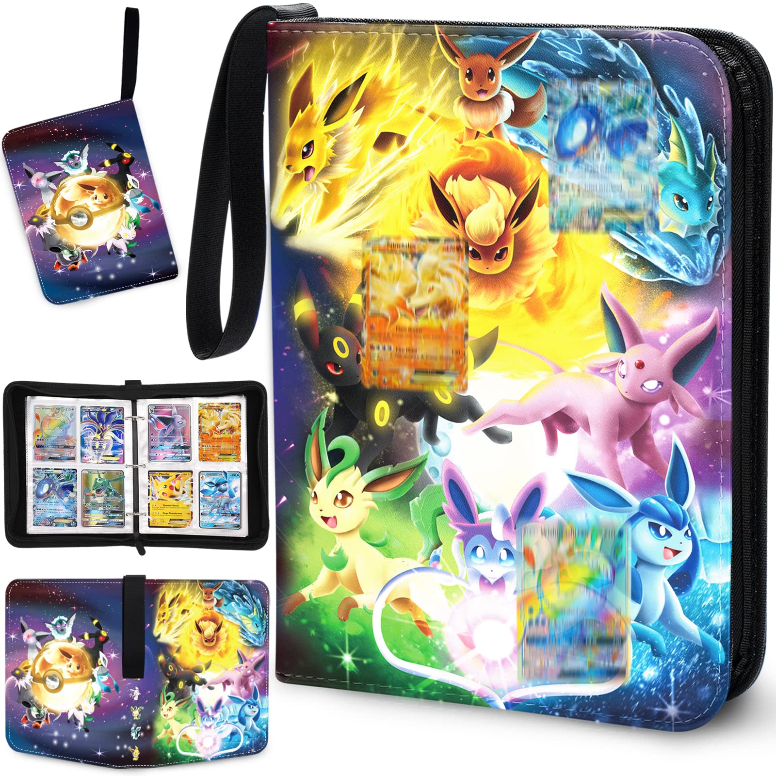 Trading Card Binder for PTCG Cards, 4-Pocket Eevee Zipper Book Binder 3 Ring Card Holder Collectors with 50 Sleeves, Fit for 400 Cards (Eevees)