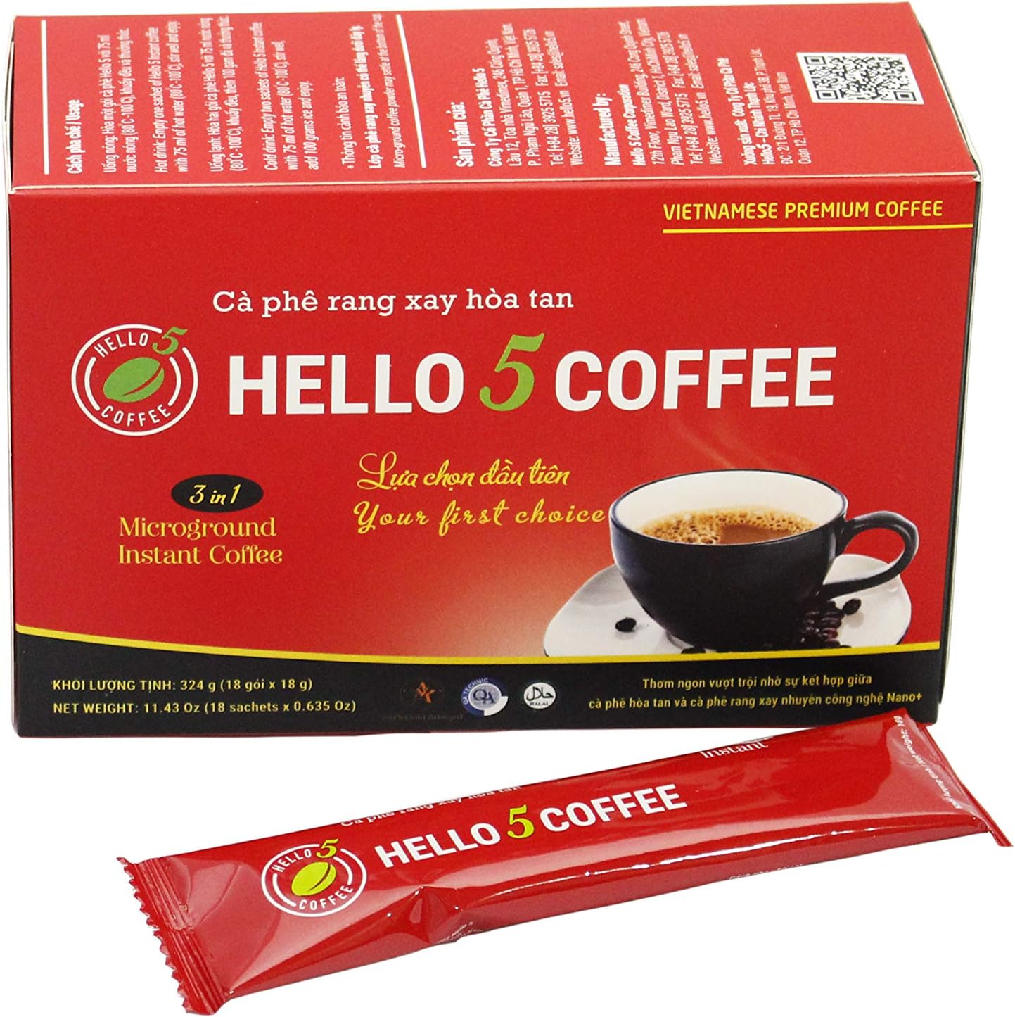 Hello 5 Coffee 3 in 1 (18 Sachets x 0.635 Oz)- Micro-ground Instant Coffee 3 in 1 - Premium Vietnamese Coffee - More taste, more creative - your first choice