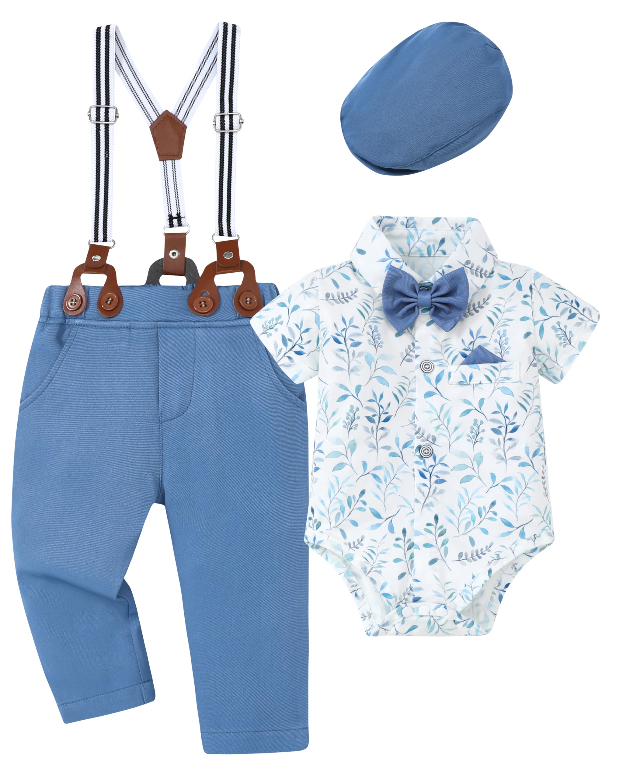 WESIDOMBaby Boy Clothes Suit 0-24M Infant Gentleman Wedding Outfit, Shirt+Bowtie+Beret+Suspender Pants Clothing Set
