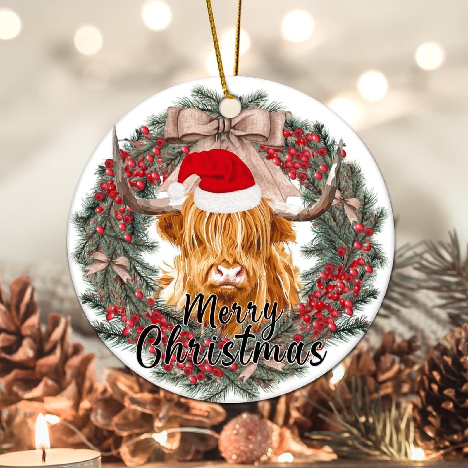 Evans1nism Red/Gold Christmas Hanging Ornaments Highland Cow Santa Hat Ceramic Ornament Floral Wreath With String Highland Cow Xmas Holiday Christmas Tree Decoration For Lover 3.2 Inch
