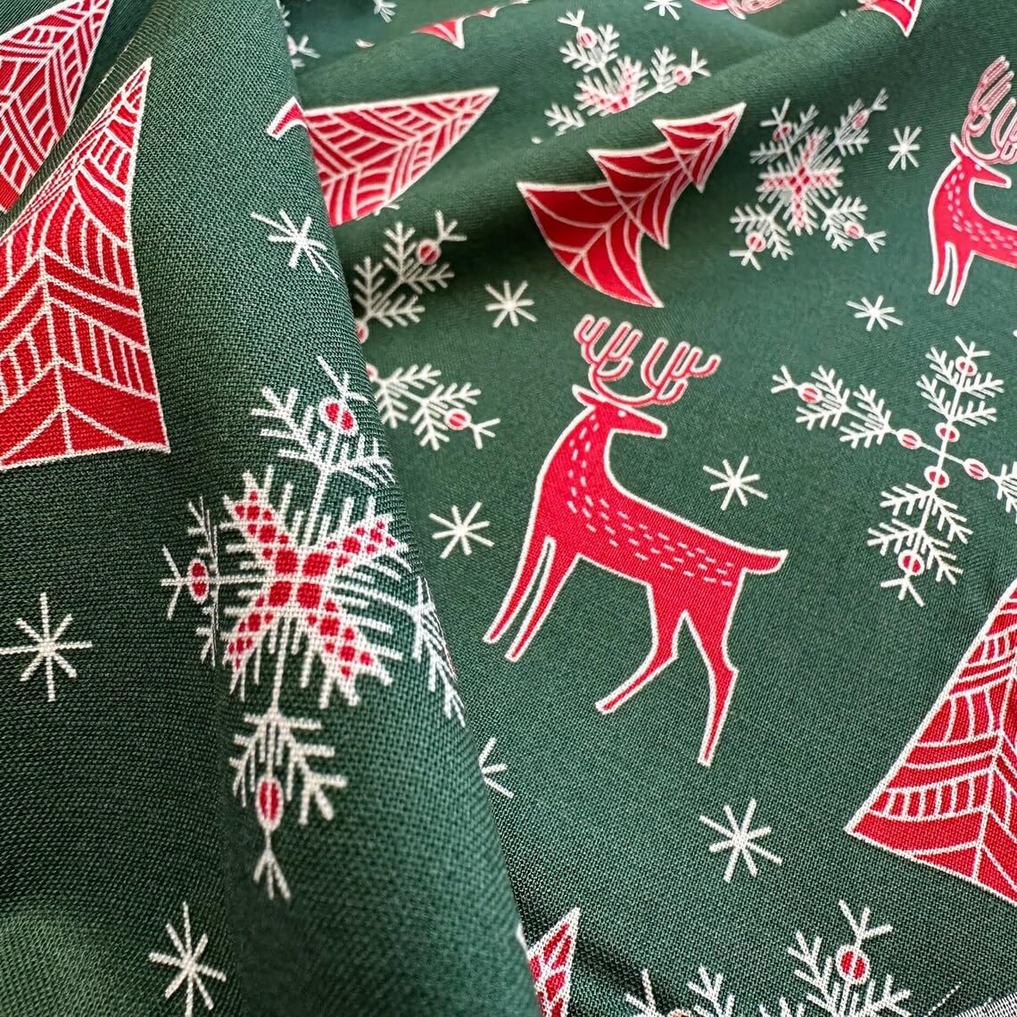Christmas Fabric - Red Reindeers Stags Trees & Snowflakes on Green - Xmas Craft Fabric Material Metre