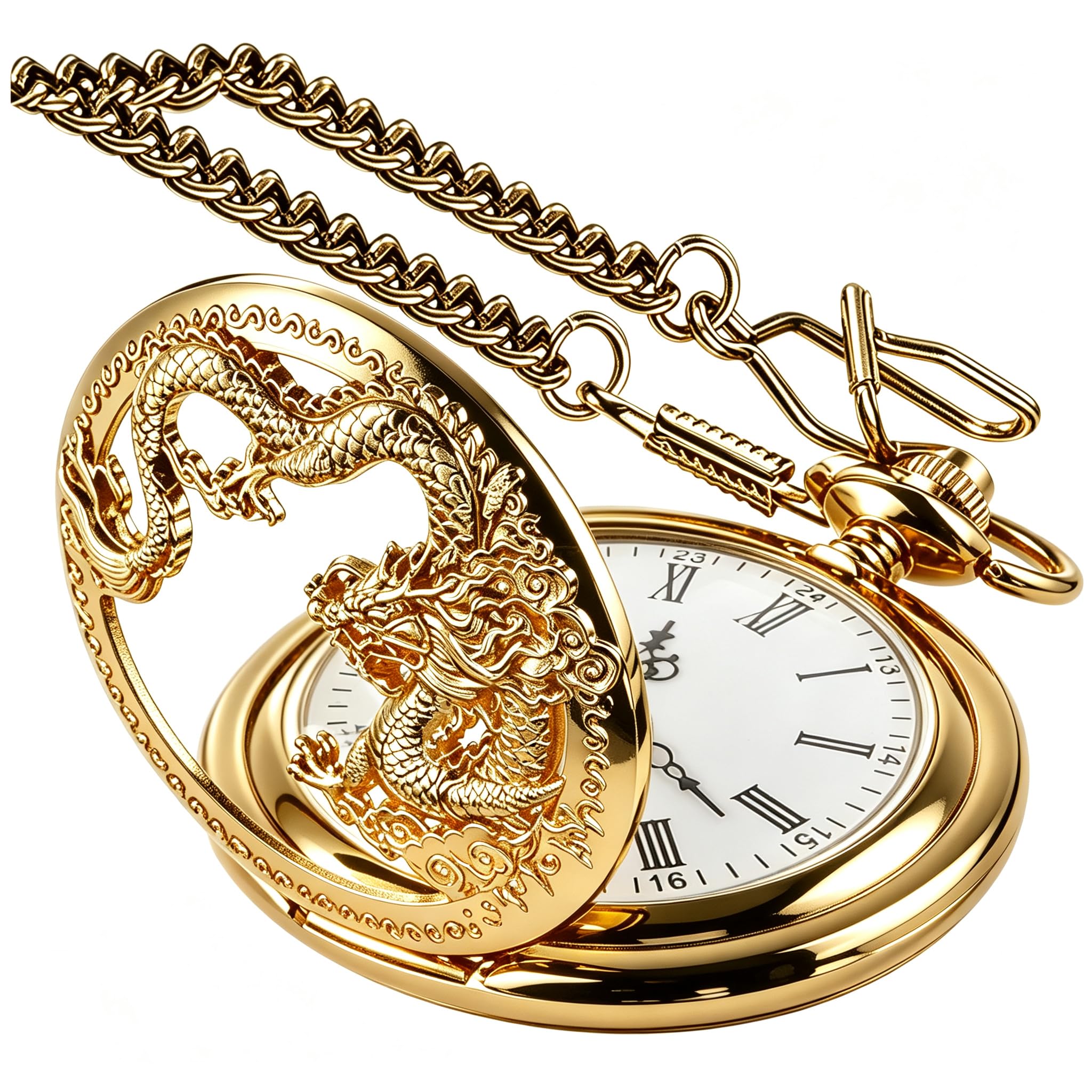 Dragon Quartz Pocket Watches for Men Roman Numerals Pocket Watch with Chain