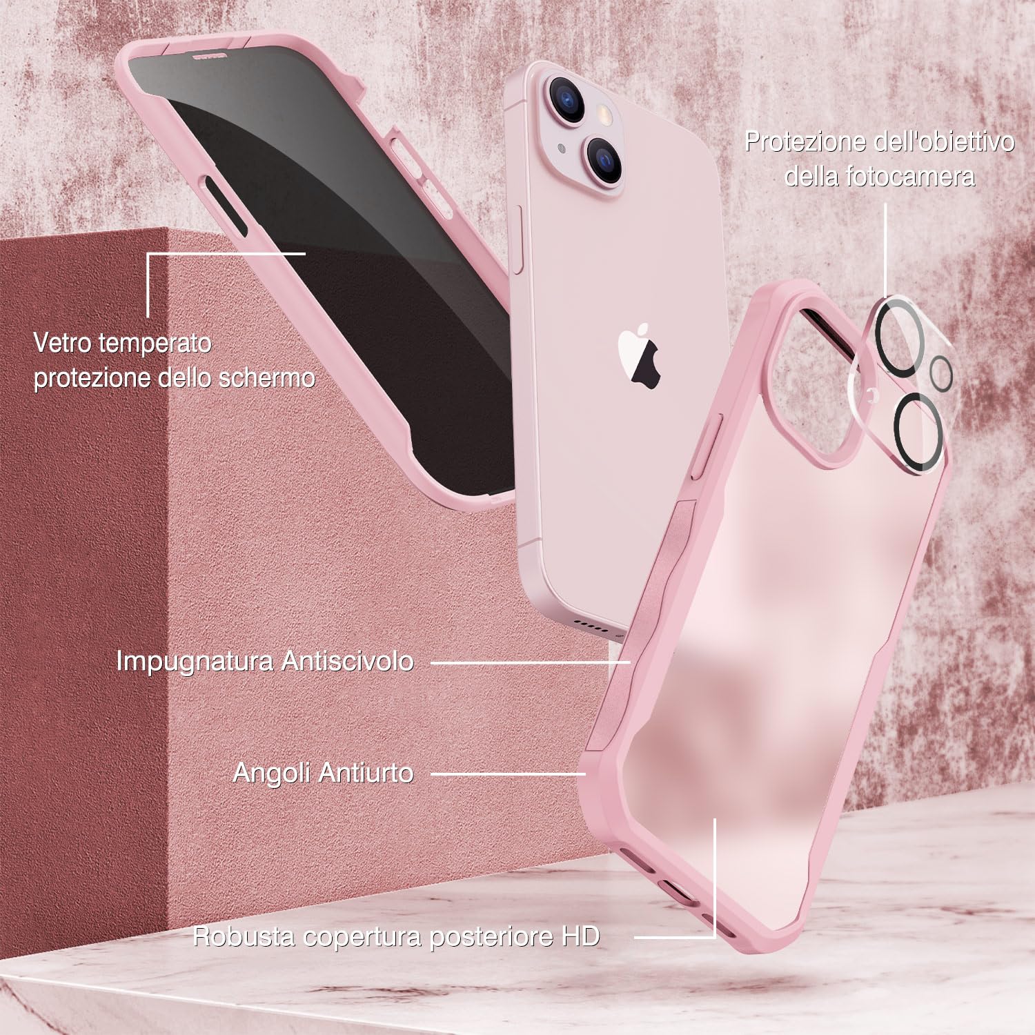 CENHUFO Privacy Cover iPhone 14/iPhone 13, Custodia Antiurto con Protezione Schermo Vetro Temperato Anti Spia e Pellicola Fotocamera [9H HD] 360 Gradi Rugged Fronte Retro Case Doppia Bumper - Rosa